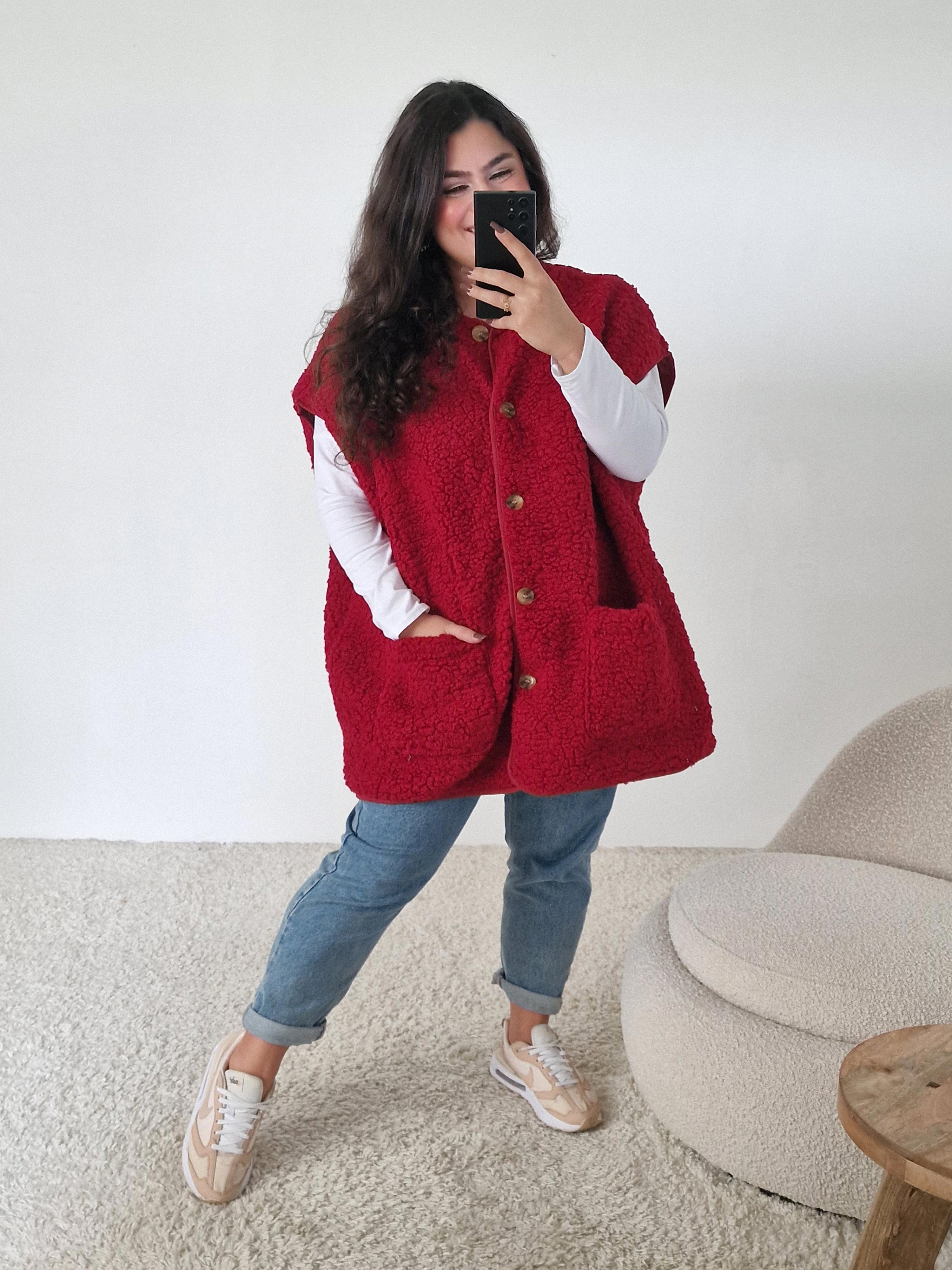 Oversize Teddylook Weste - ALMA - Rouge