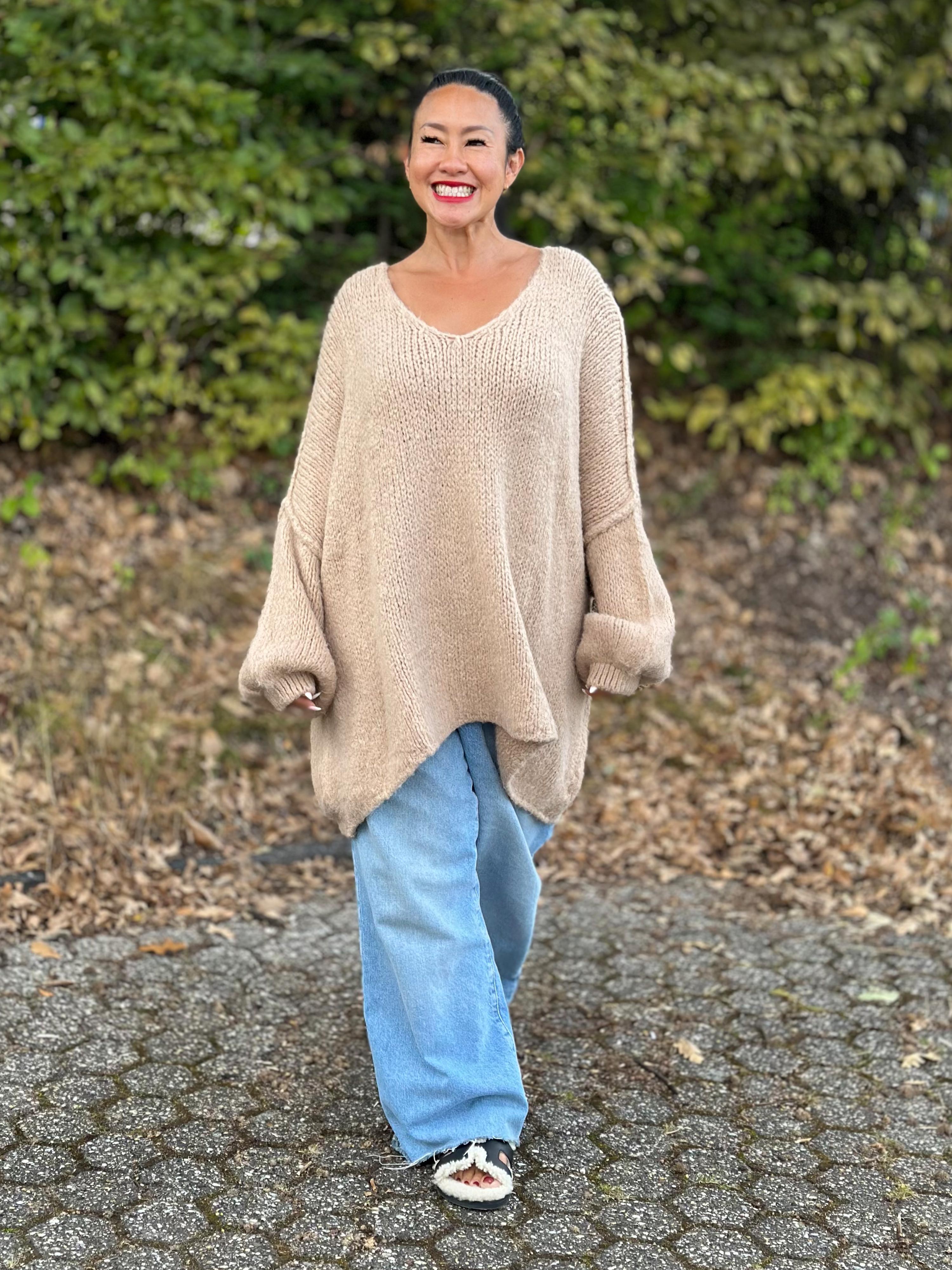 Oversize Strickpullover mit V-Ausschnitt FLAUSCHI TALL - Oatmeal