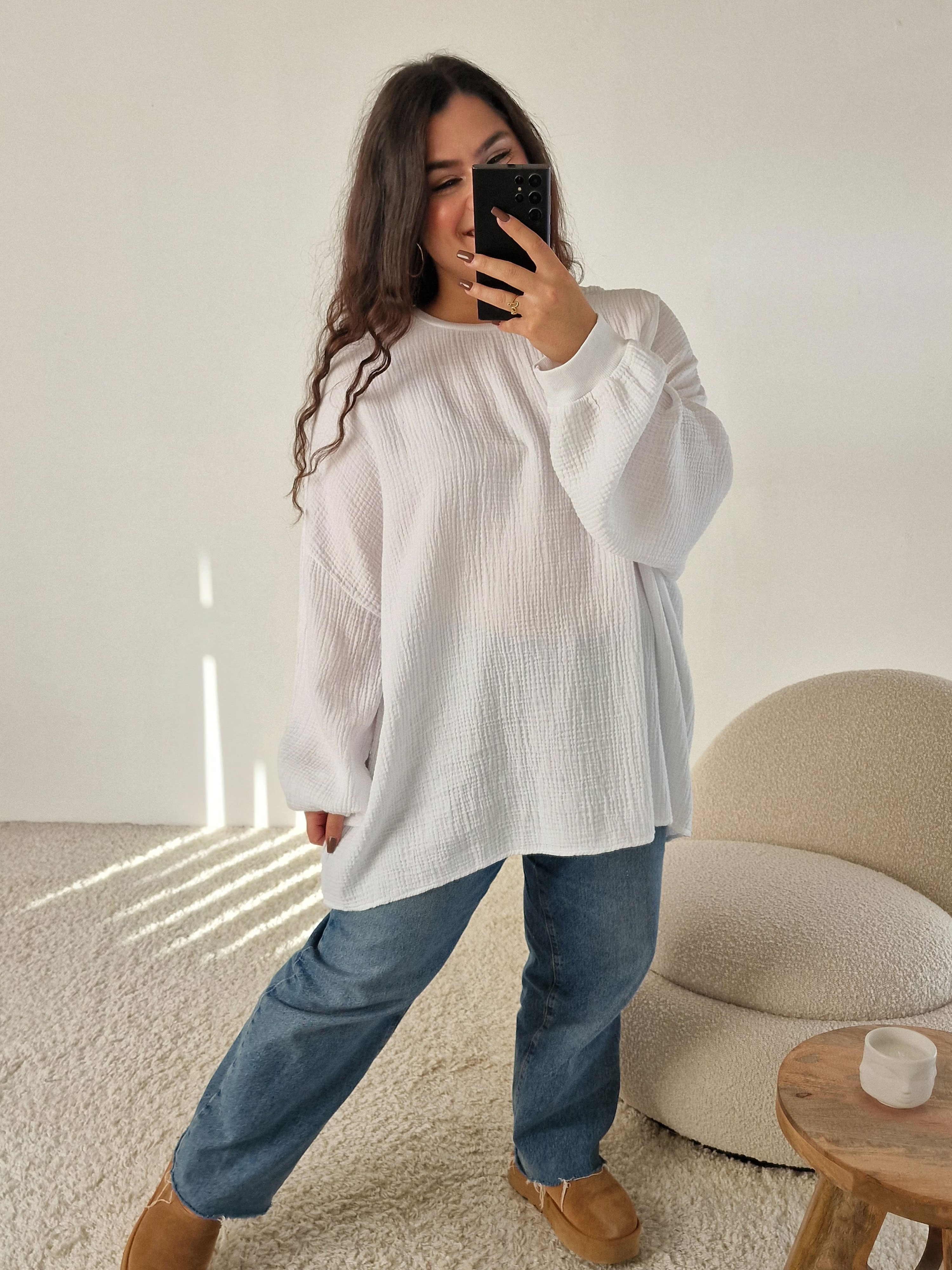 Musselin Oversize Sweatshirt - Weiß