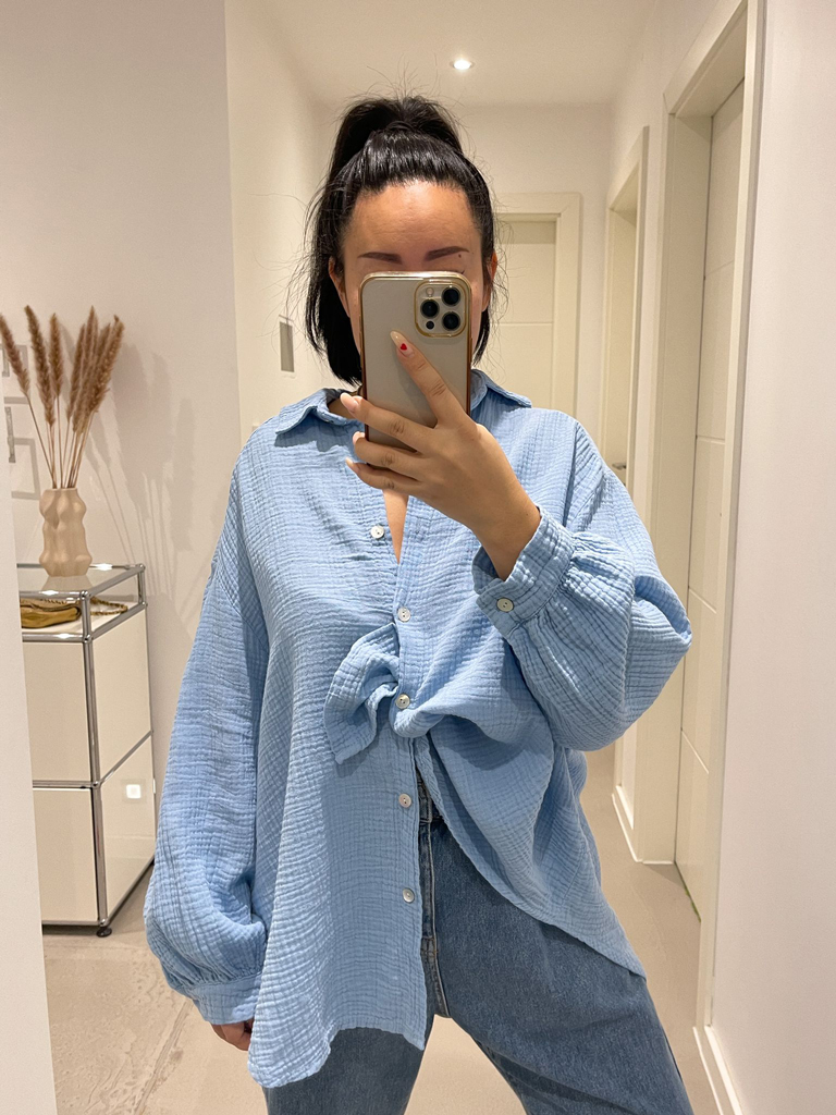 Musselin Midi Oversize Bluse - Babyblau