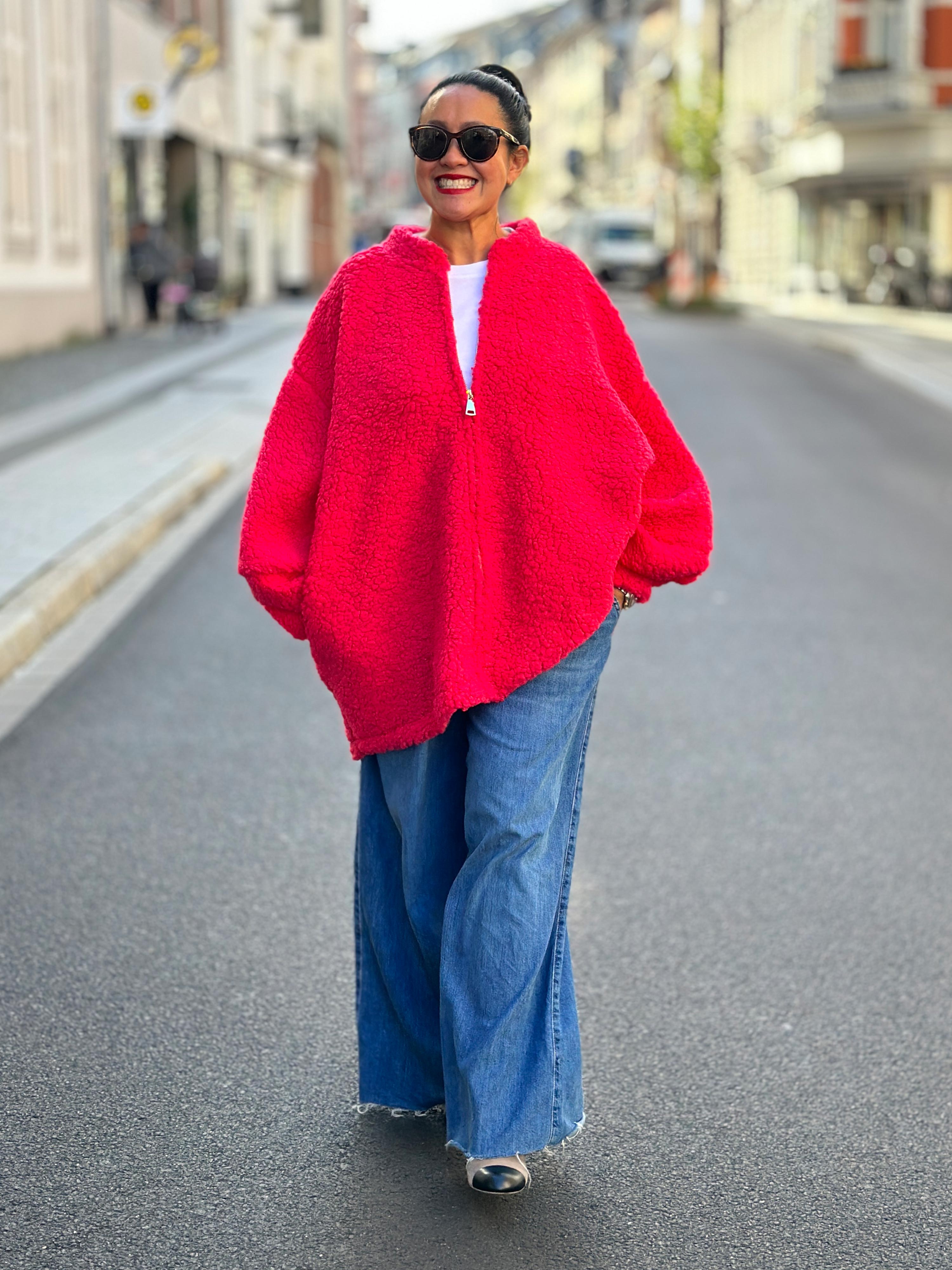 Teddylook Jacke mit Zipper - ICON - Neon Pink