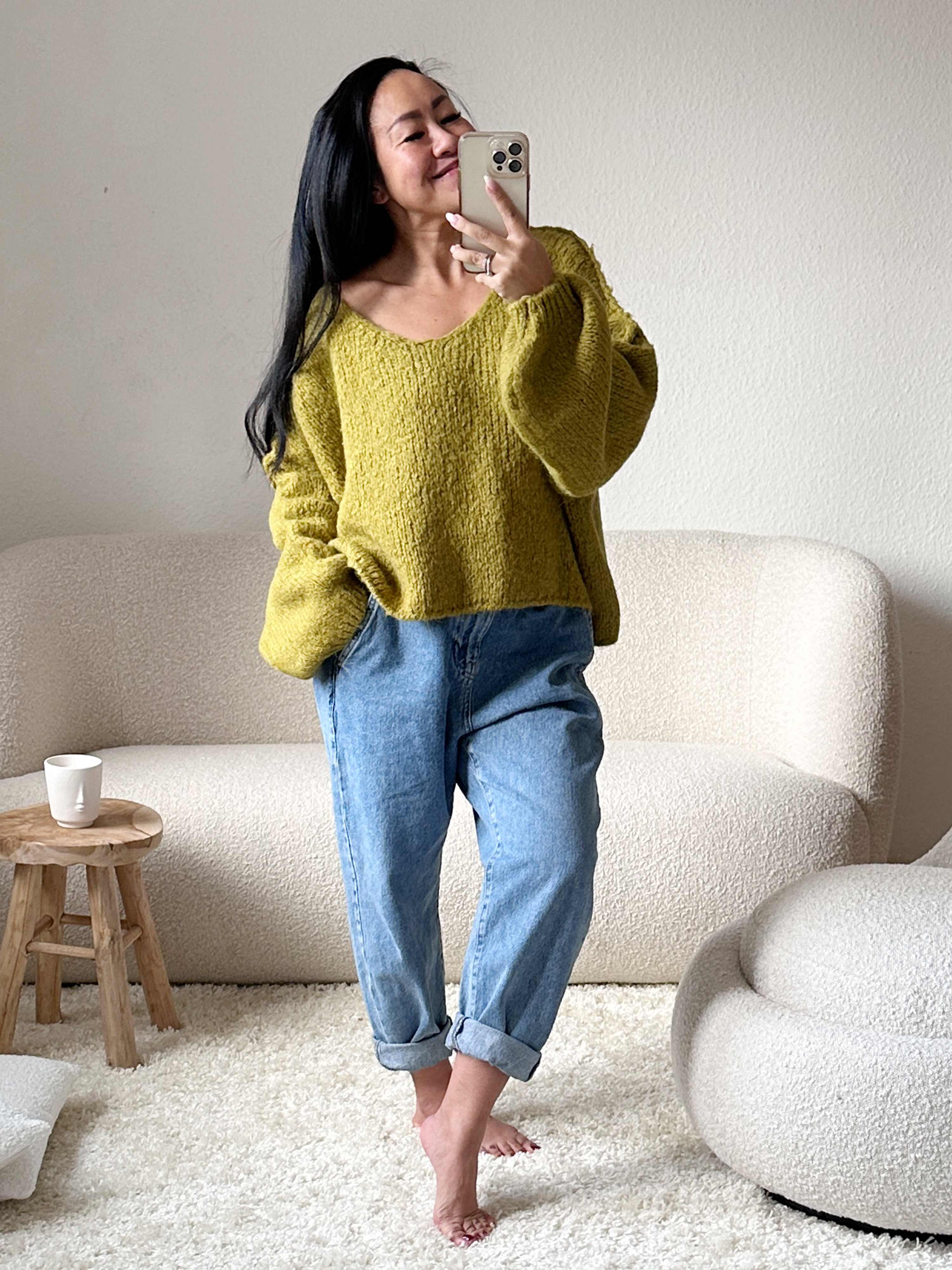 Oversize CROPPED Strickpullover mit V-Ausschnitt - FLAUSCHI - Pistazie