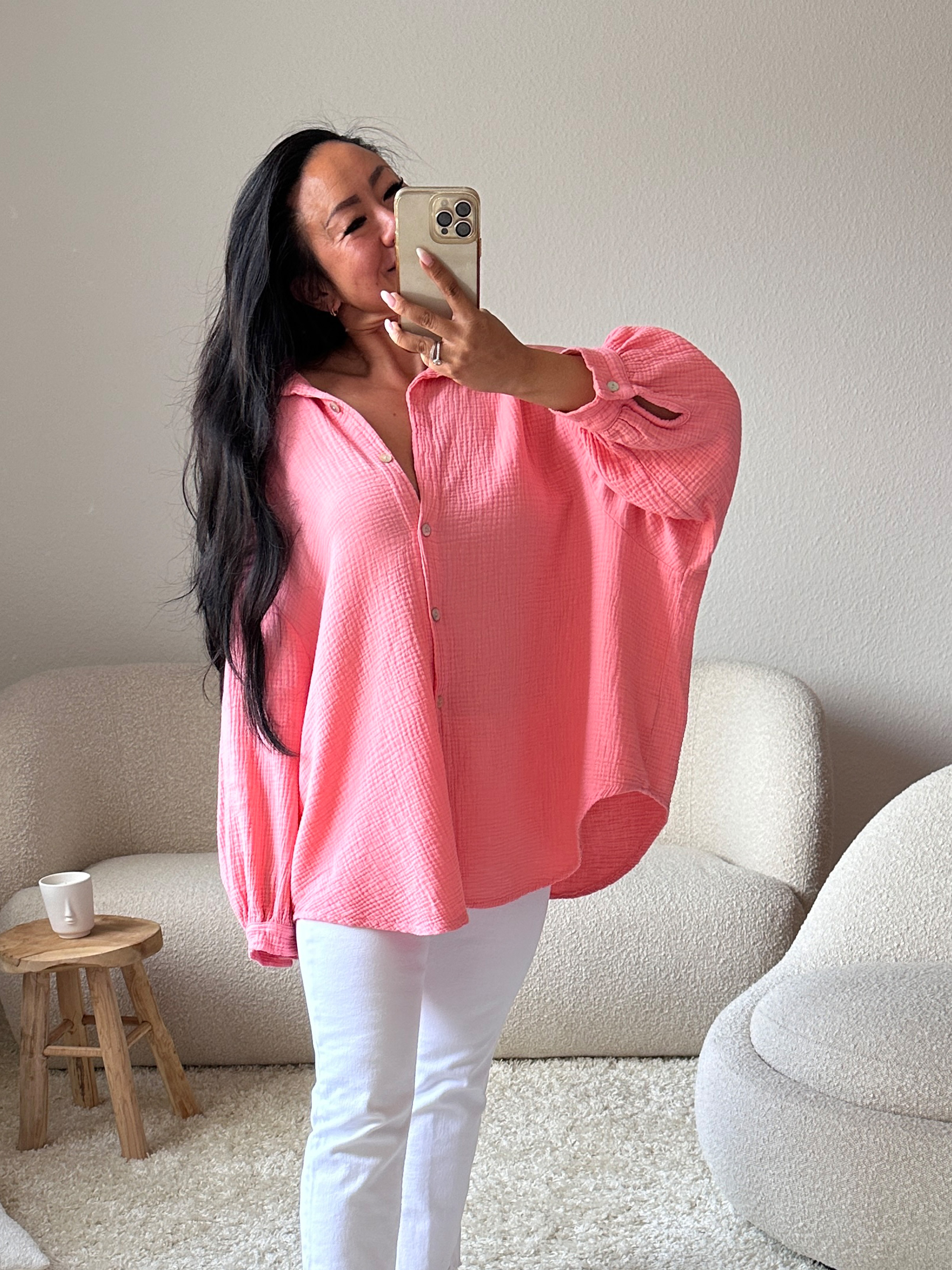 Musselin Midi Oversize Bluse - Flamingo