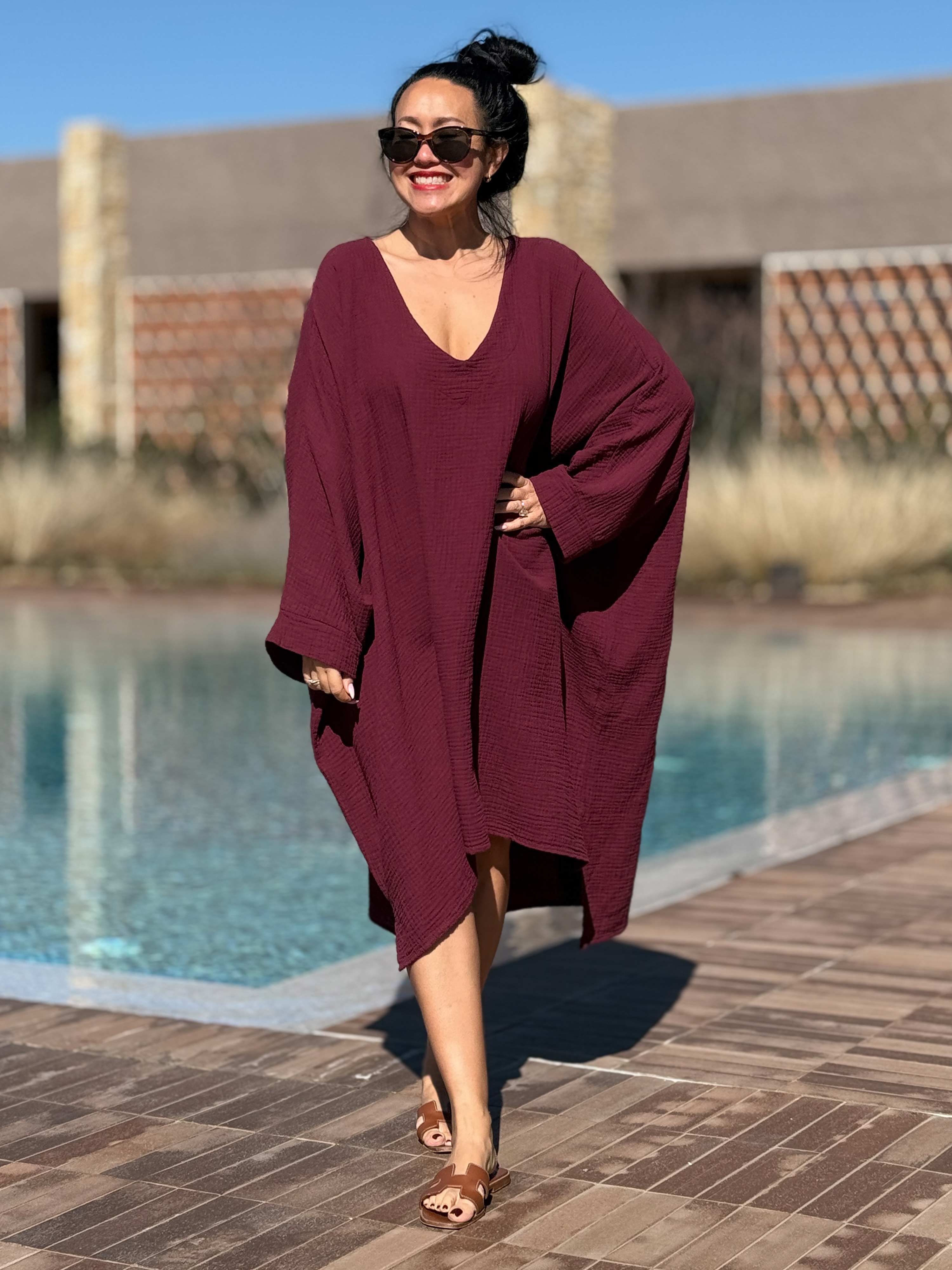 Oversize Musselin Blusen Poncho - Burgunder