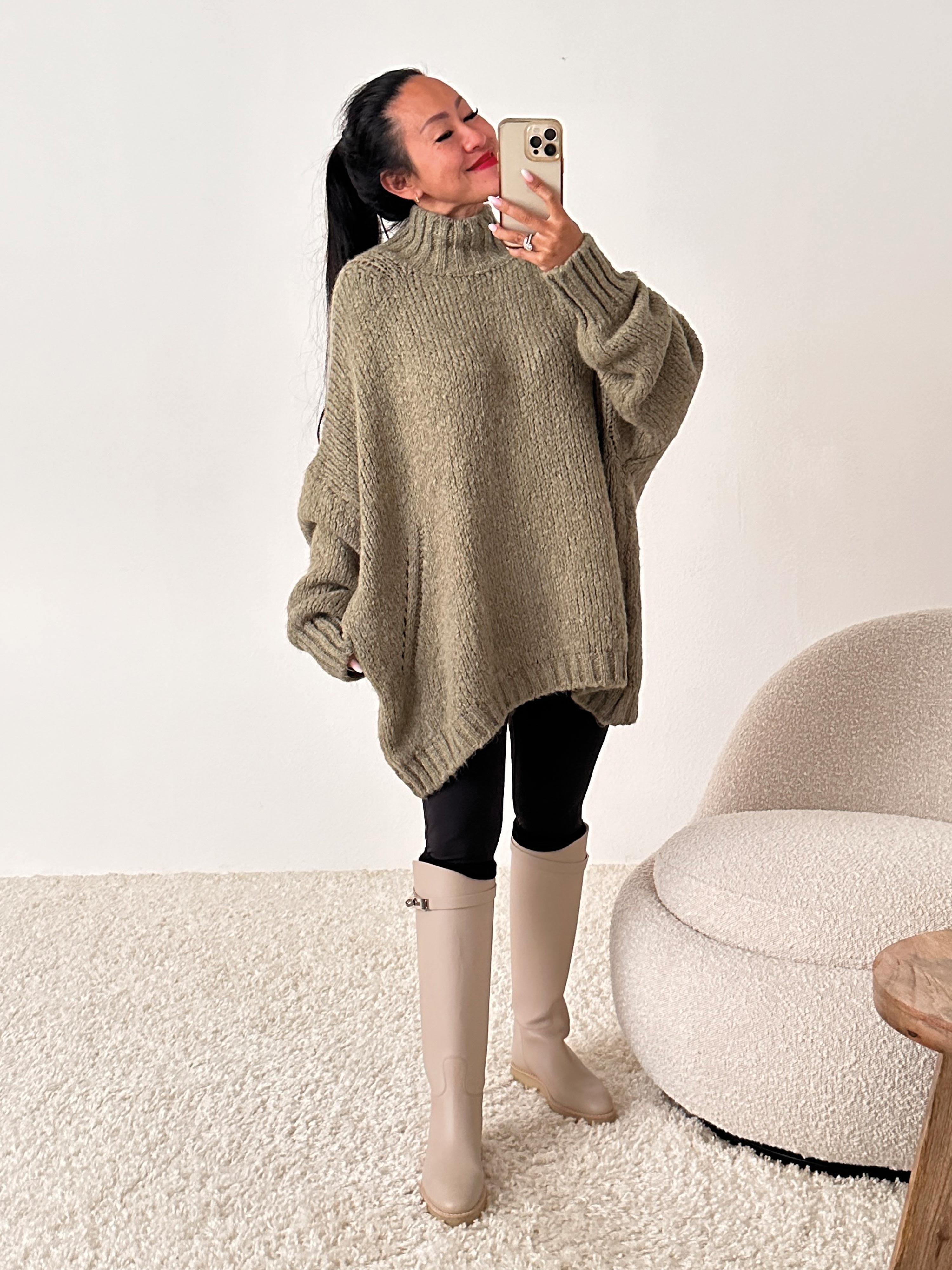 Oversize Strickpullover mit feinem Lochmuster - FLAUSCHI - Matcha