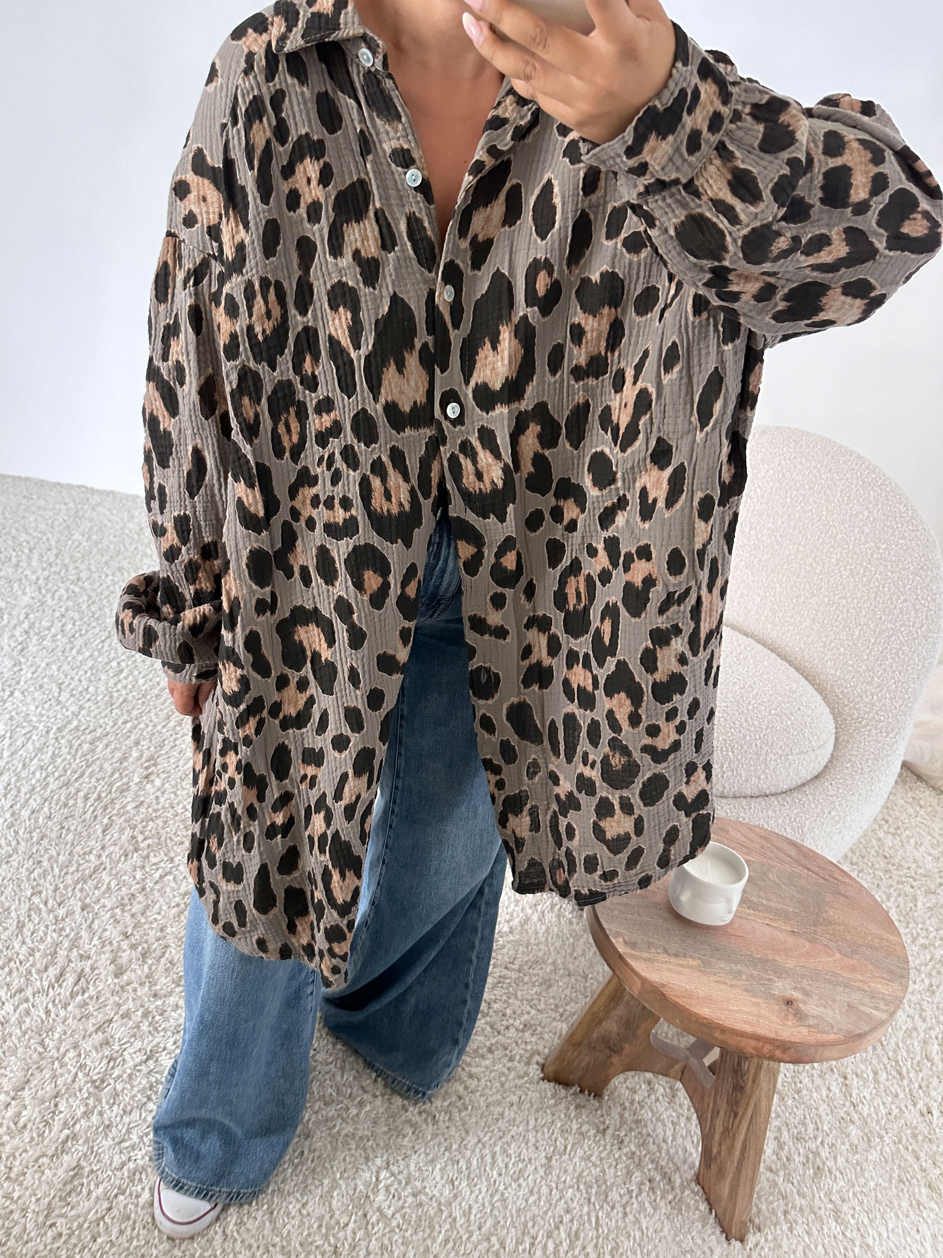 Musselin Long Oversize Bluse - NALA - LEOPARD Taupe