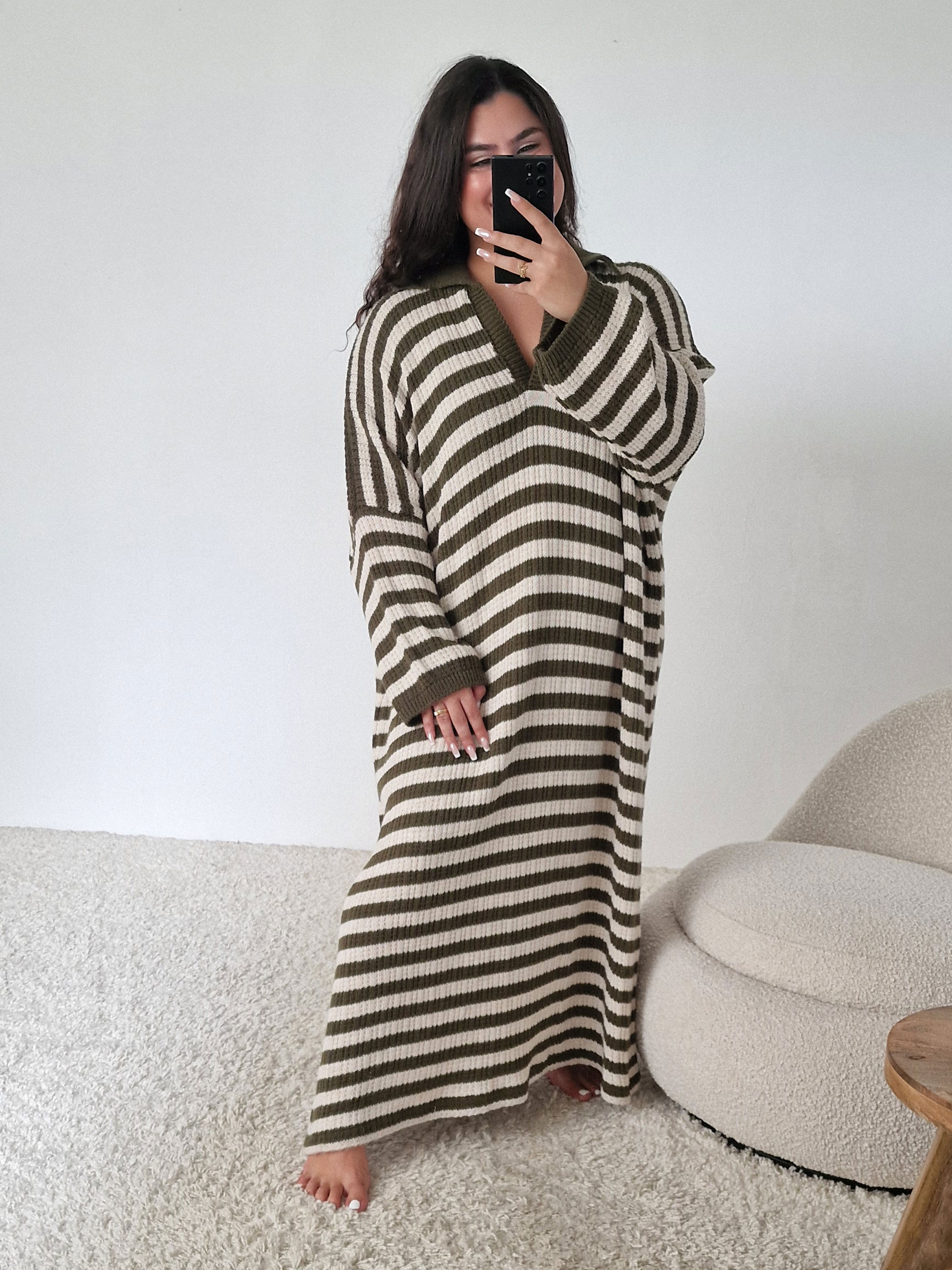 Langarm Strickkleid Santanyi - CURVY - STRIPES - Olive