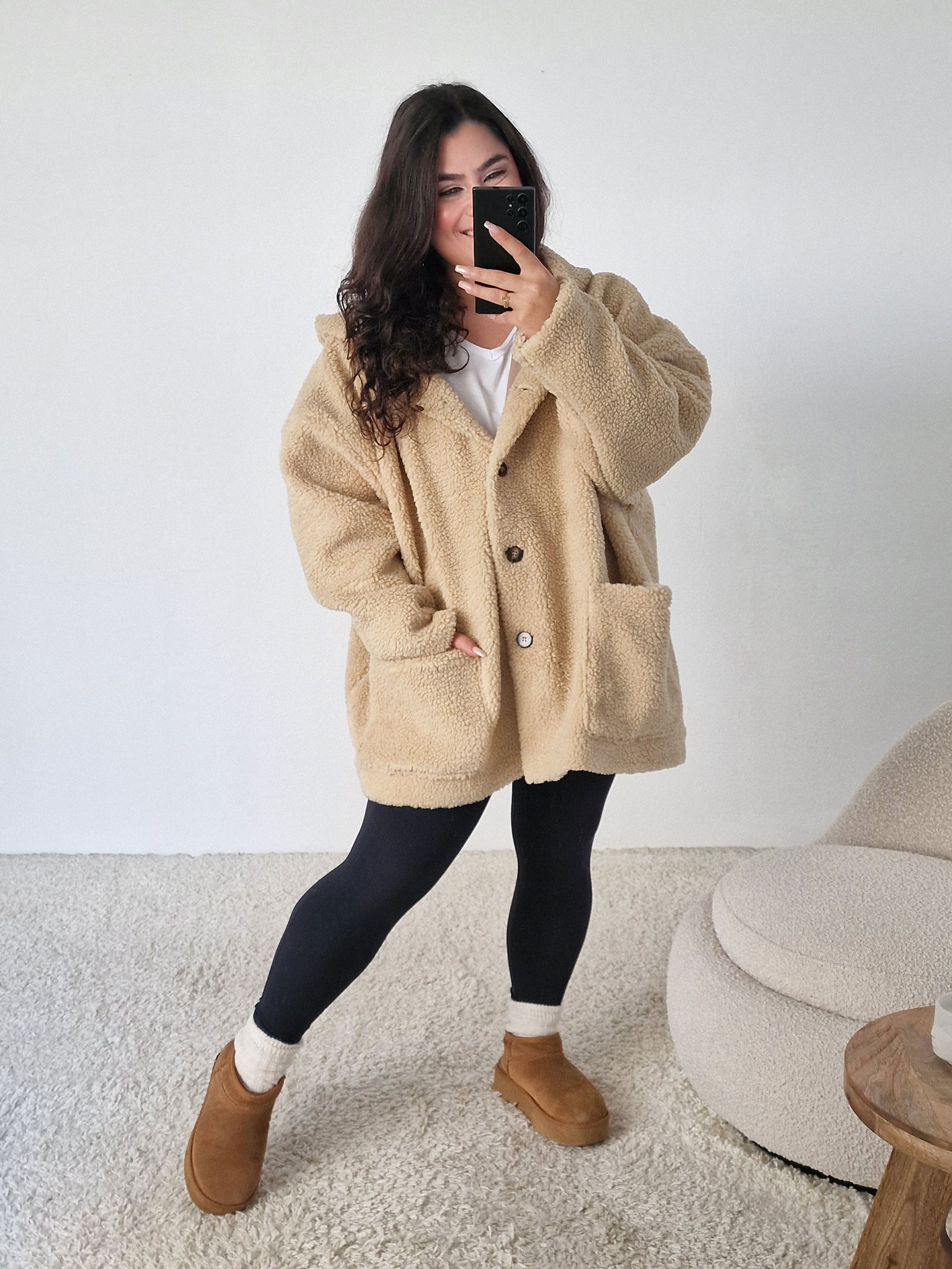 Teddylook Oversize Jacke mit Kapuze - Oatmeal