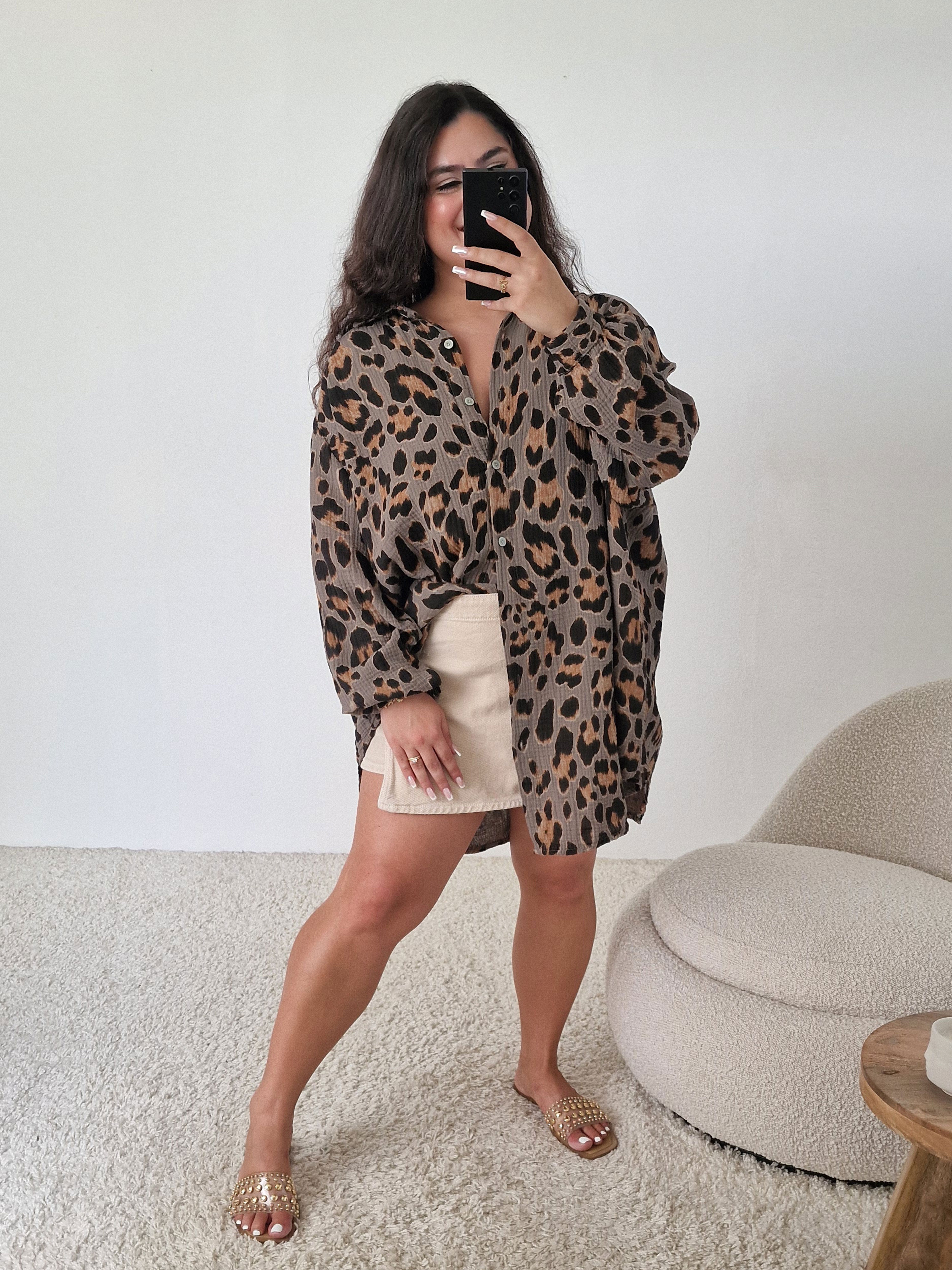 Musselin Long Oversize Bluse - NALA - LEOPARD Taupe