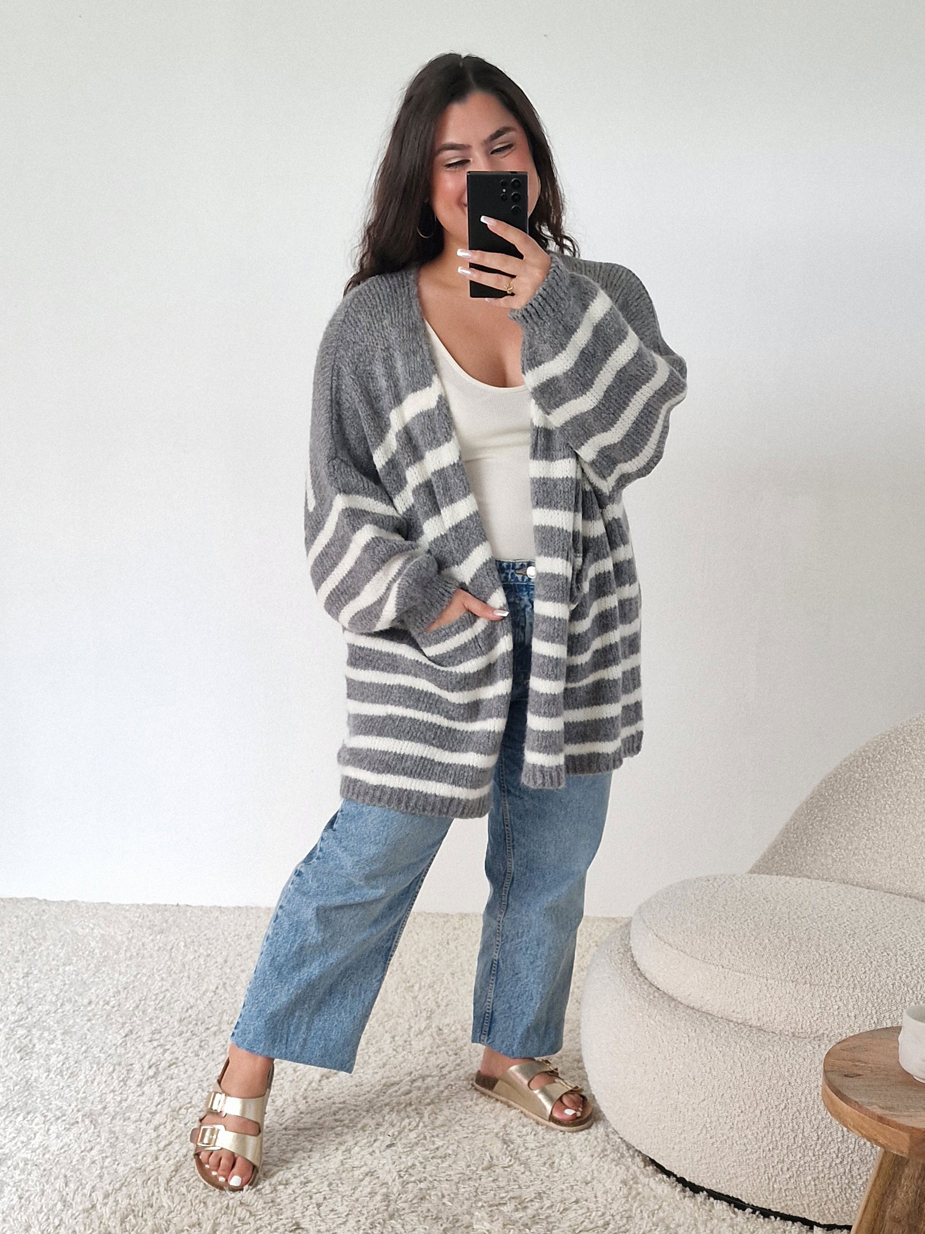 Oversize Cardigen mit Taschen FLAUSCHI - STRIPES - Grau