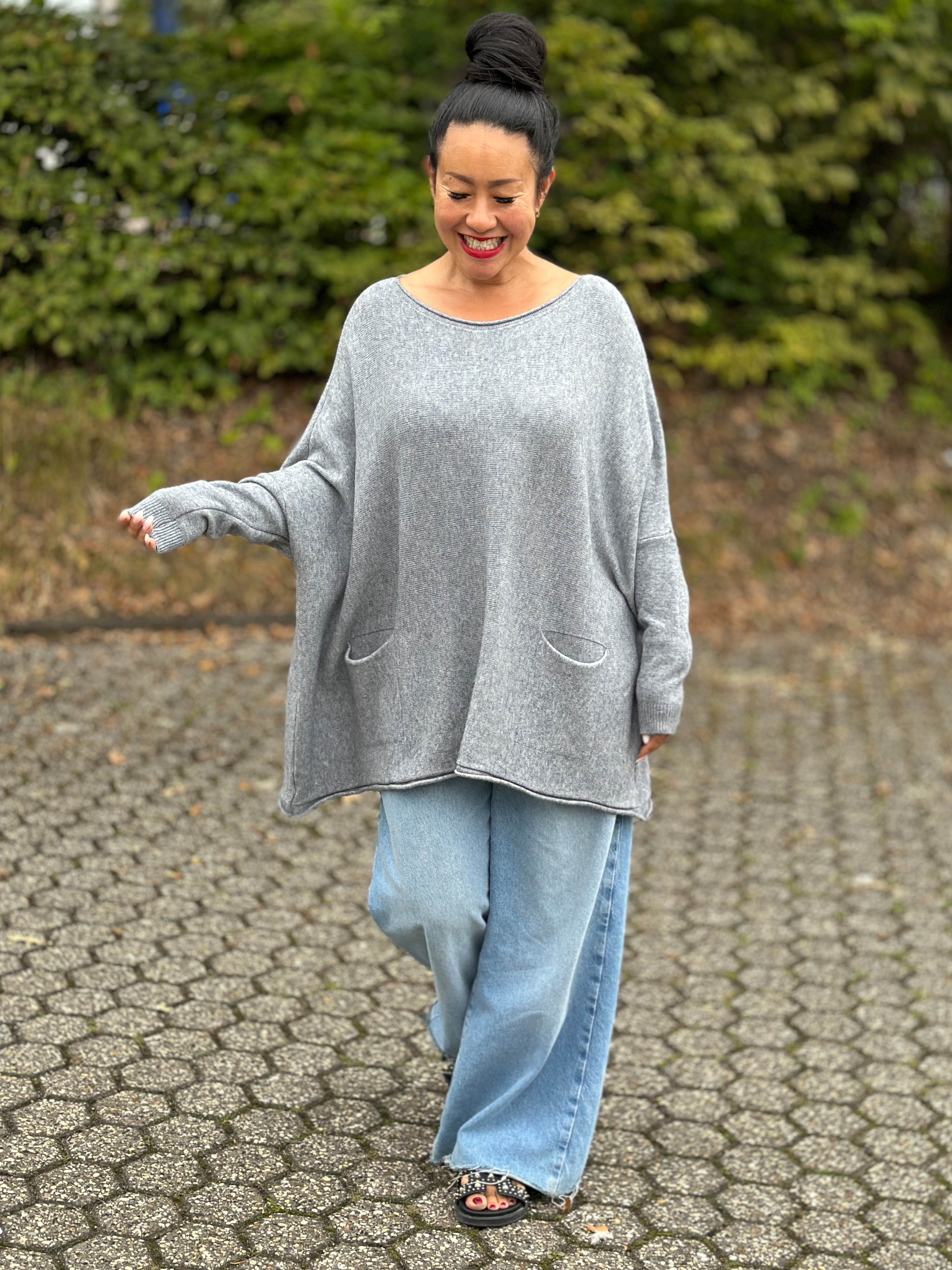 Oversize Viskose Pullover mit Taschen - Grau