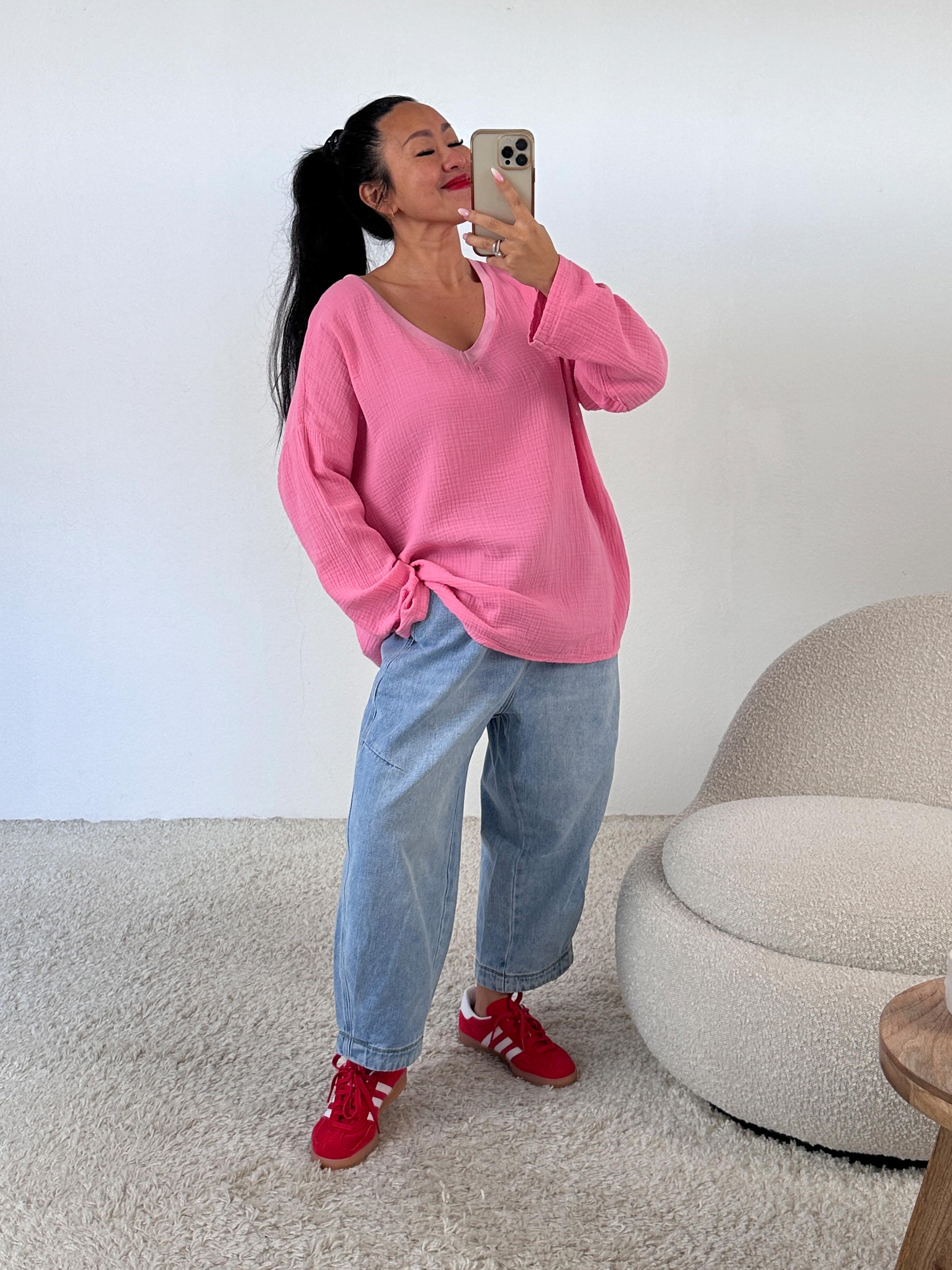 Musselin Sweatshirt mit V-Ausschnitt - Bubblegum