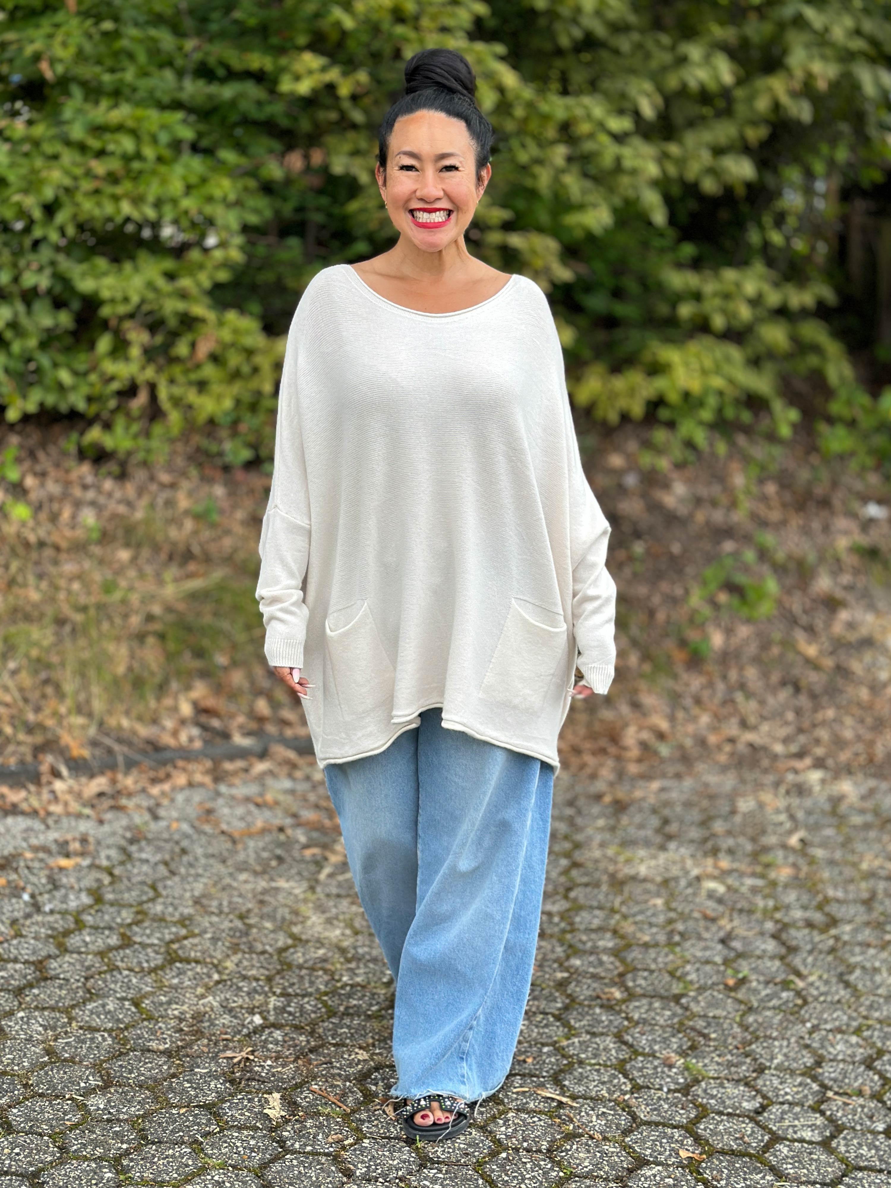 Oversize Viskose Pullover mit Taschen - Creme