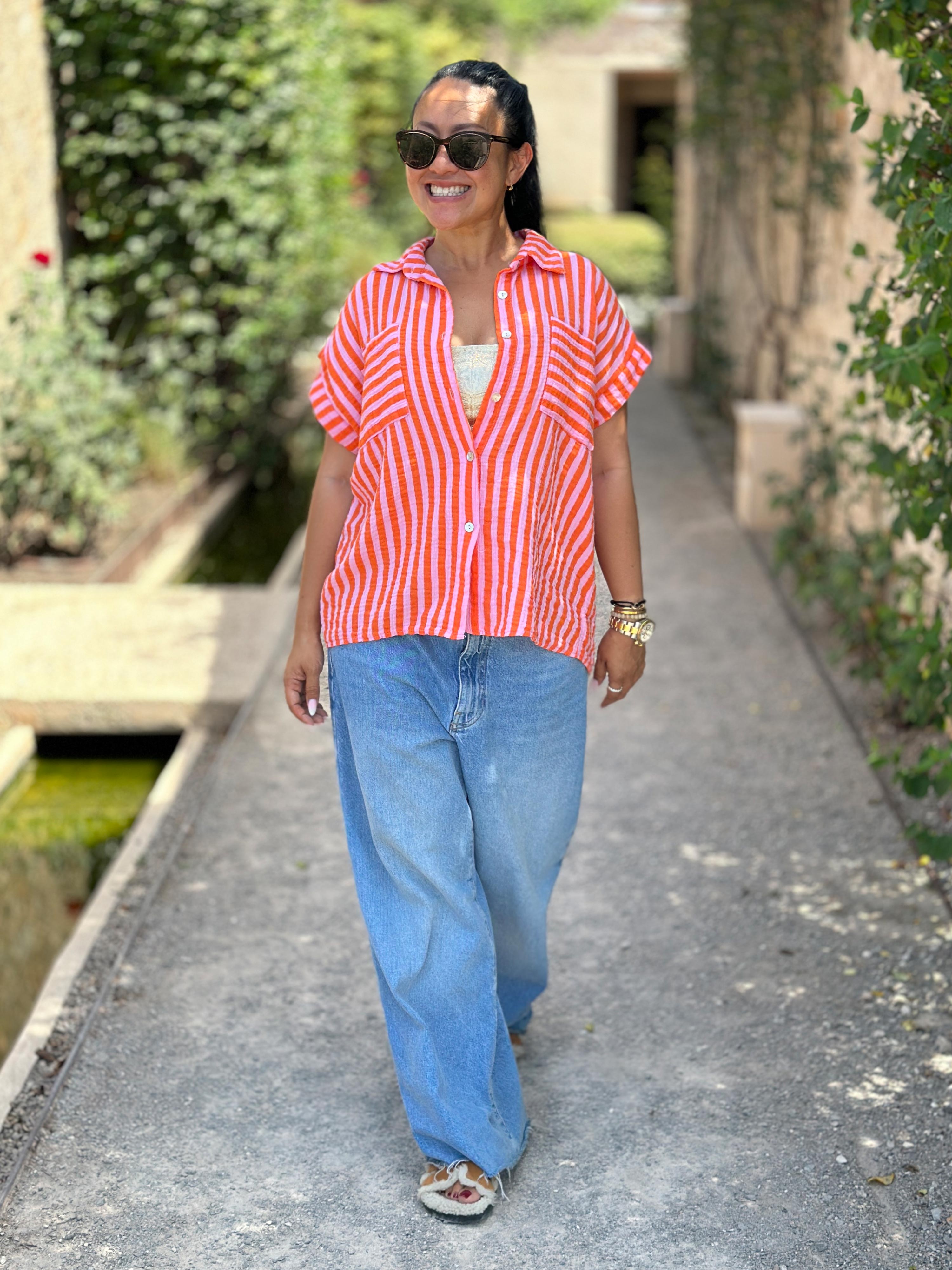 Ärmellose Musselin Bluse mit Taschen - STRIPES - Lollipop