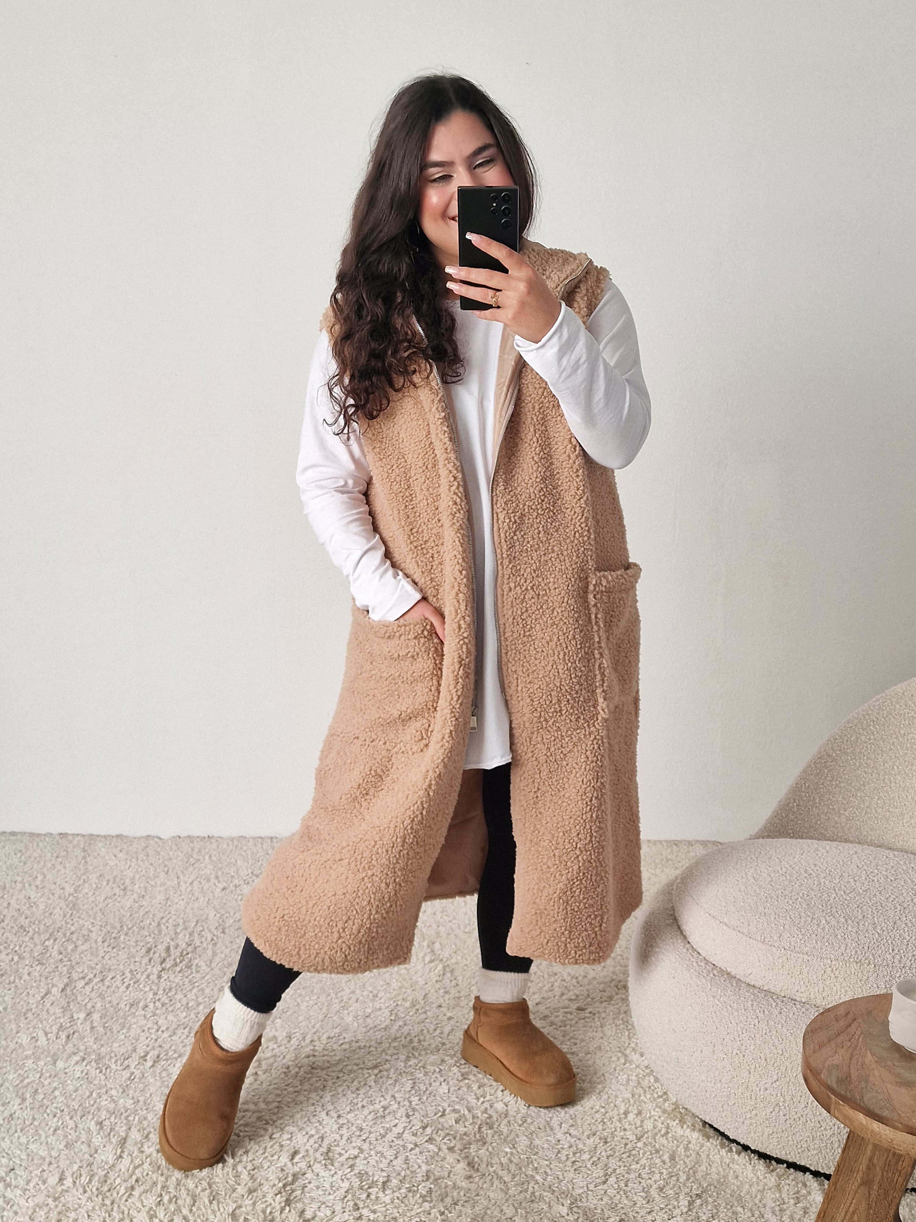 Teddylook Long Weste mit Kapuze - Oatmeal