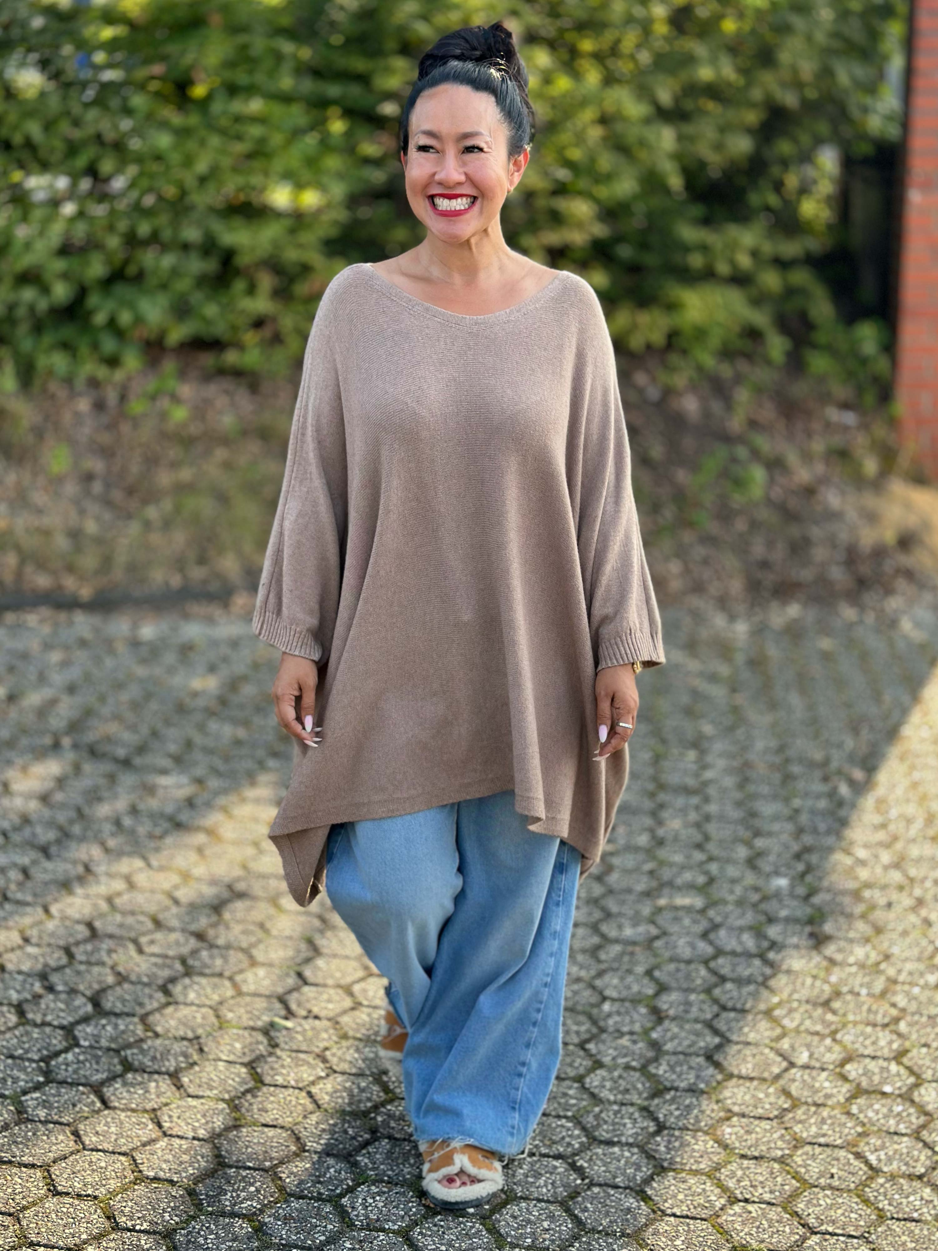 Oversize Viskose Kurzarm Poncho - Camel