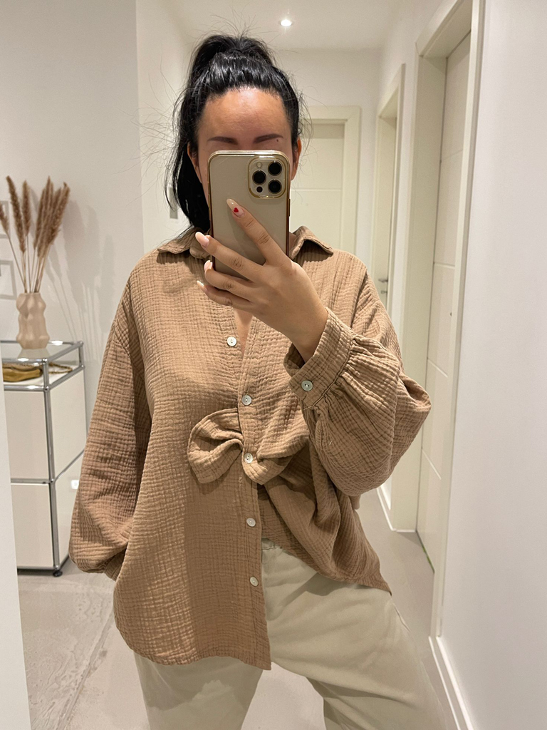 Musselin Midi Oversize Bluse - Camel