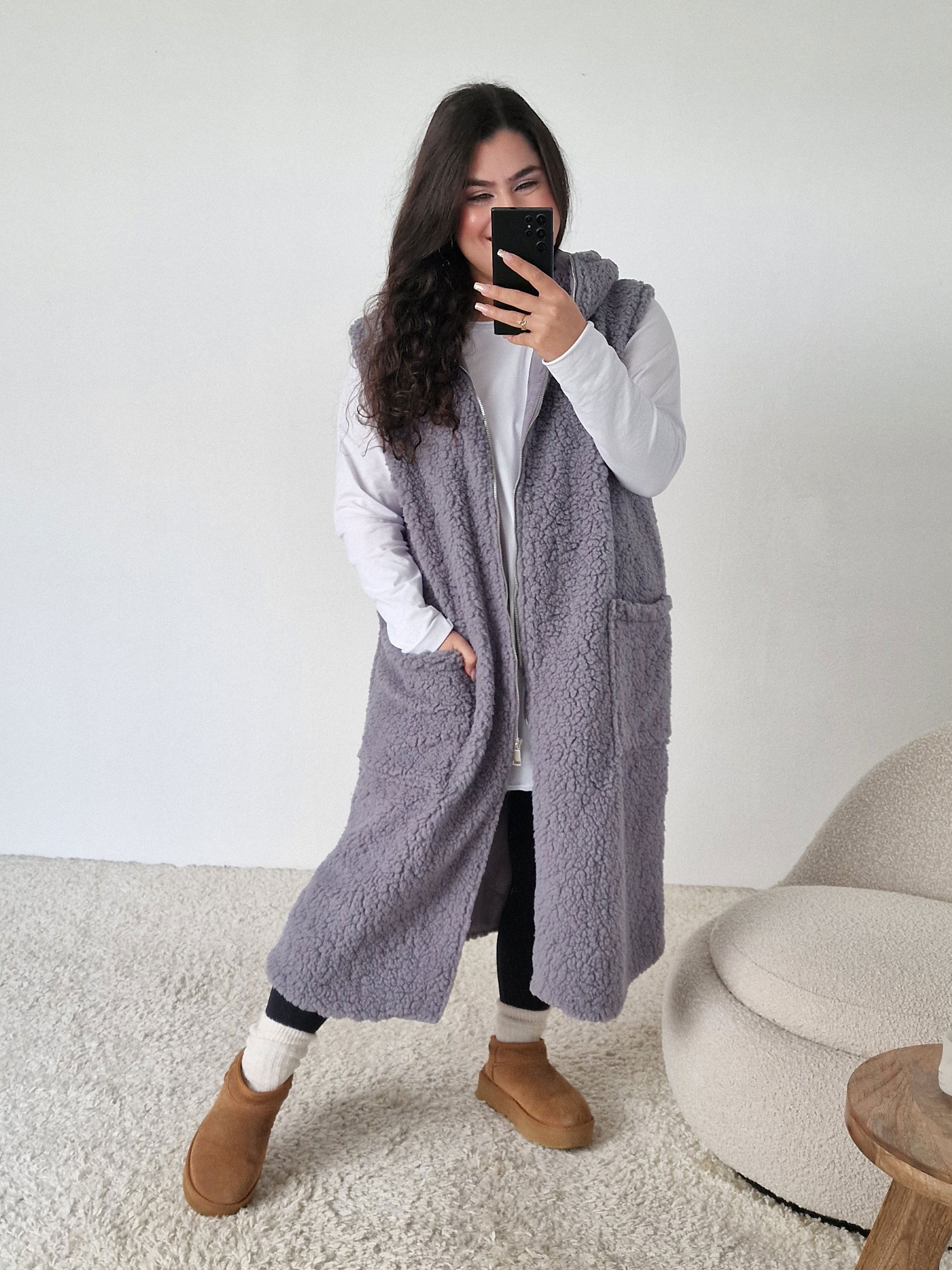 Teddylook Long Weste mit Kapuze - Grau