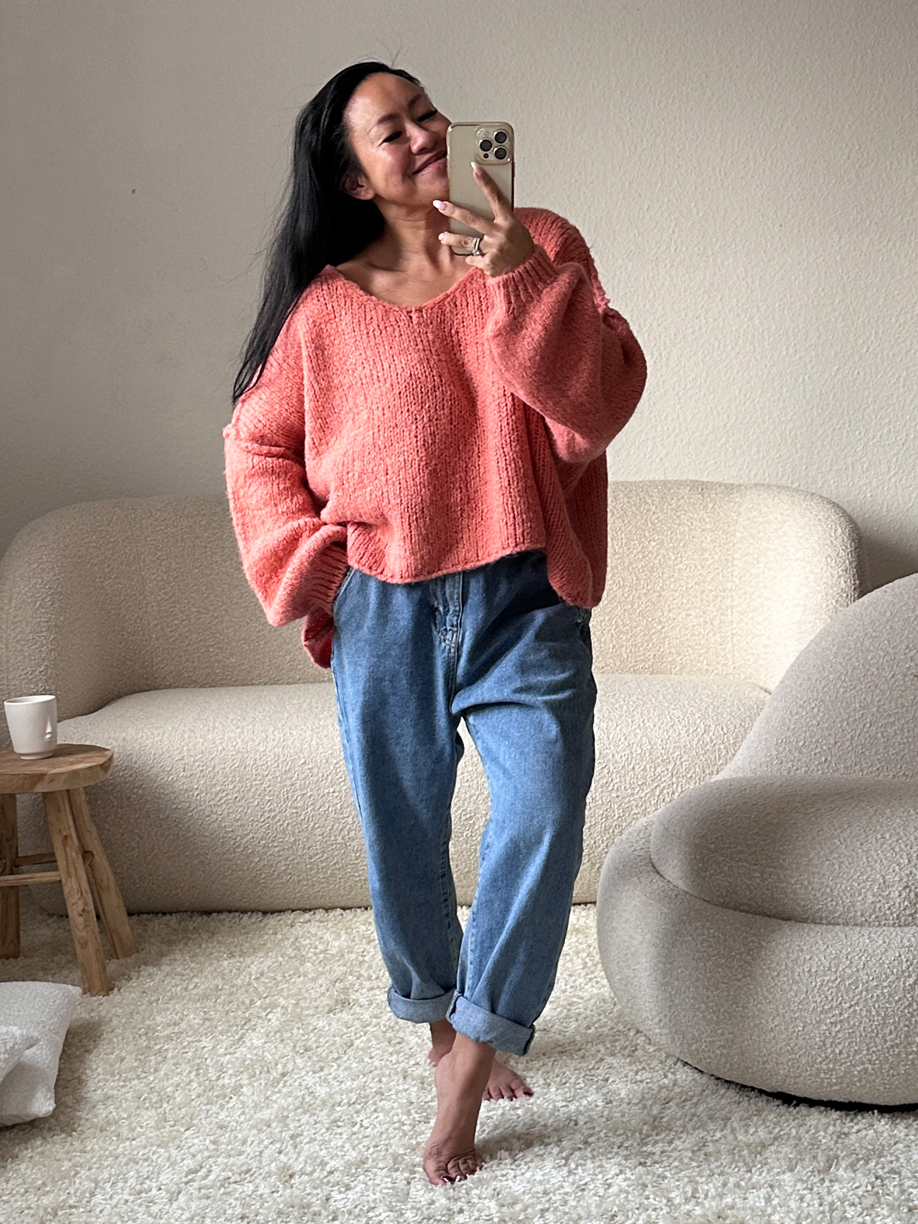 Oversize CROPPED Strickpullover mit V-Ausschnitt - FLAUSCHI - Koralle