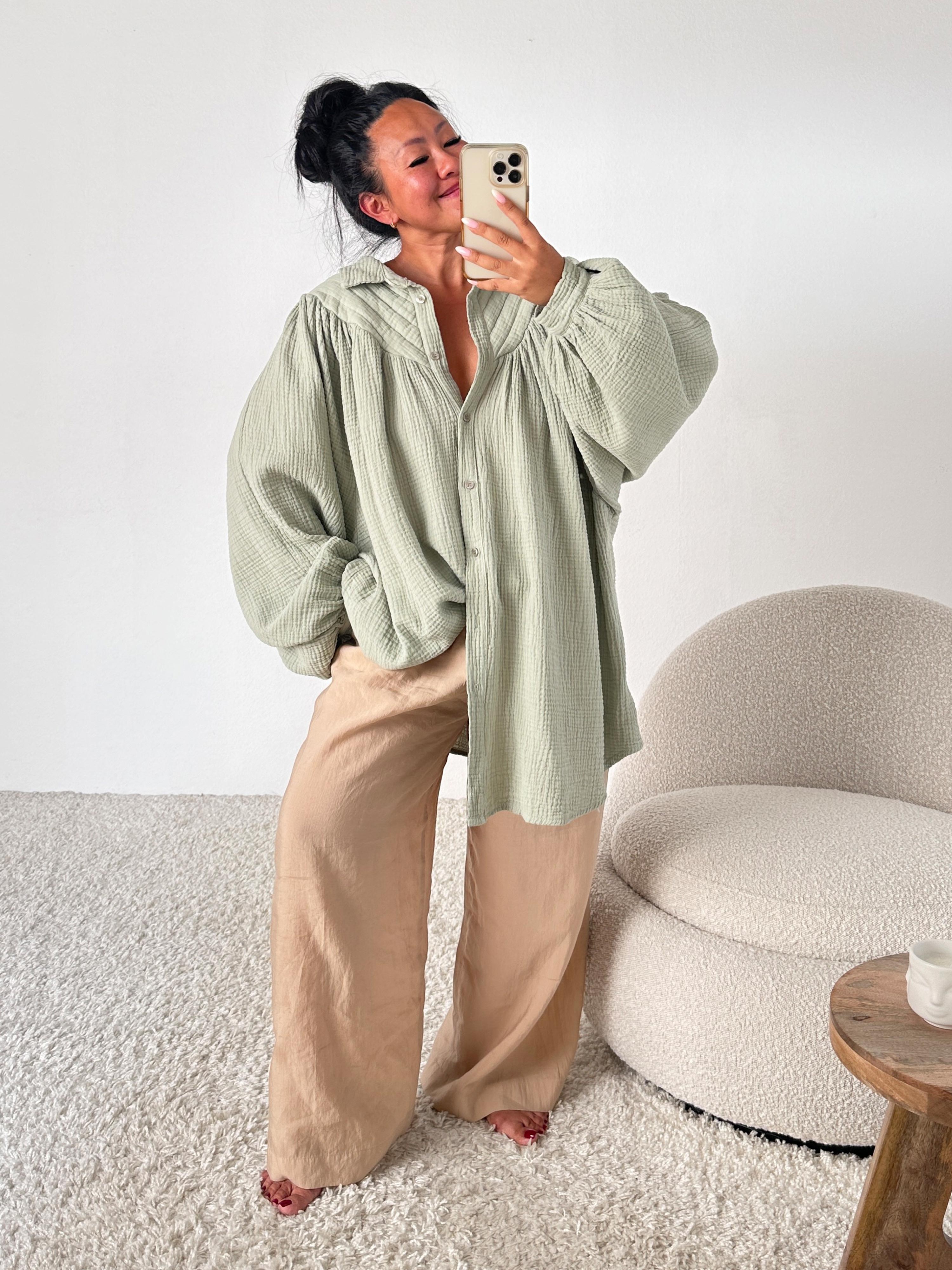 Musselin Oversize Bluse - BALANCE - Matcha