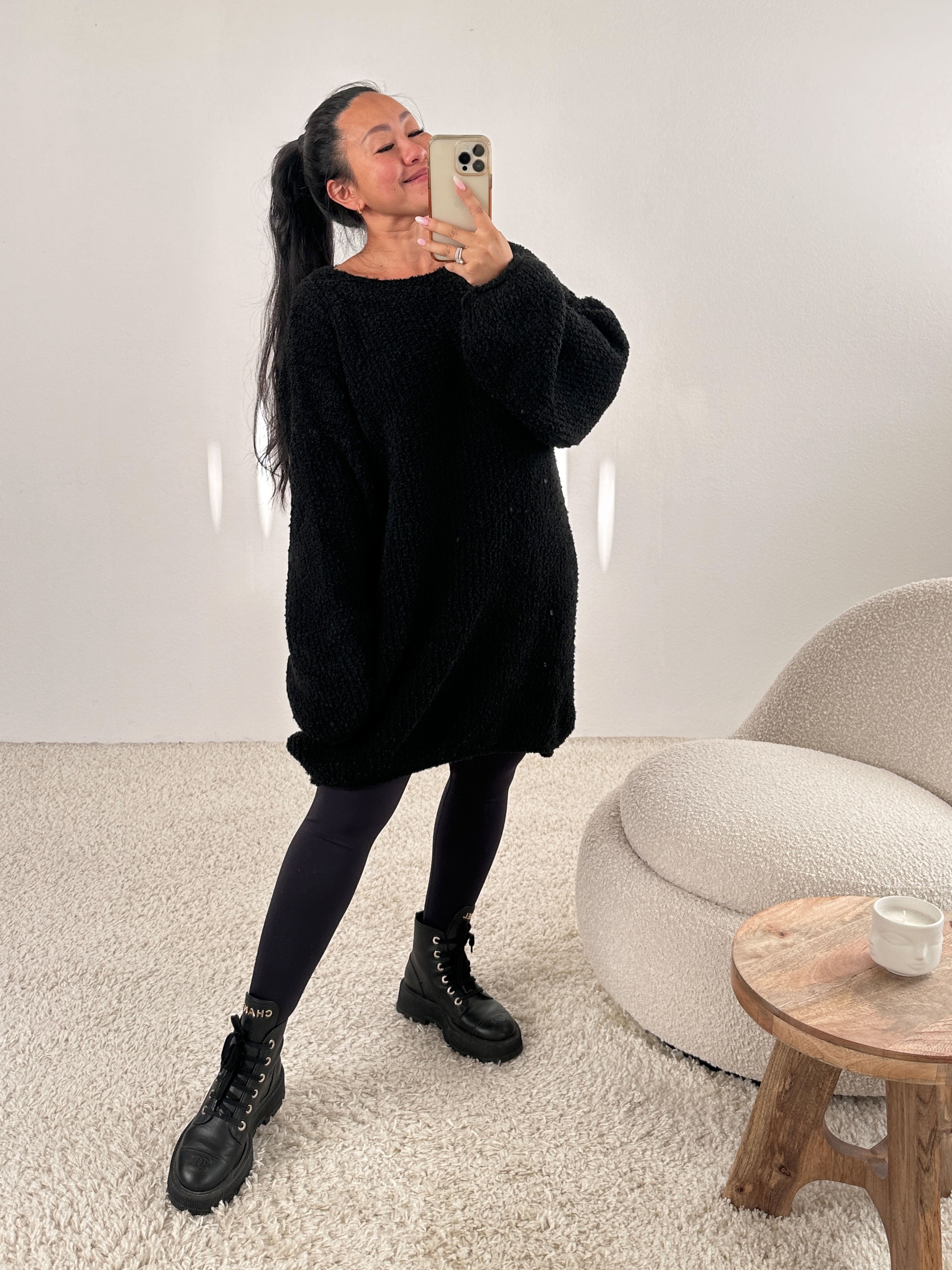 PREMIUM Oversize Bouclé Long Pullover - Schwarz