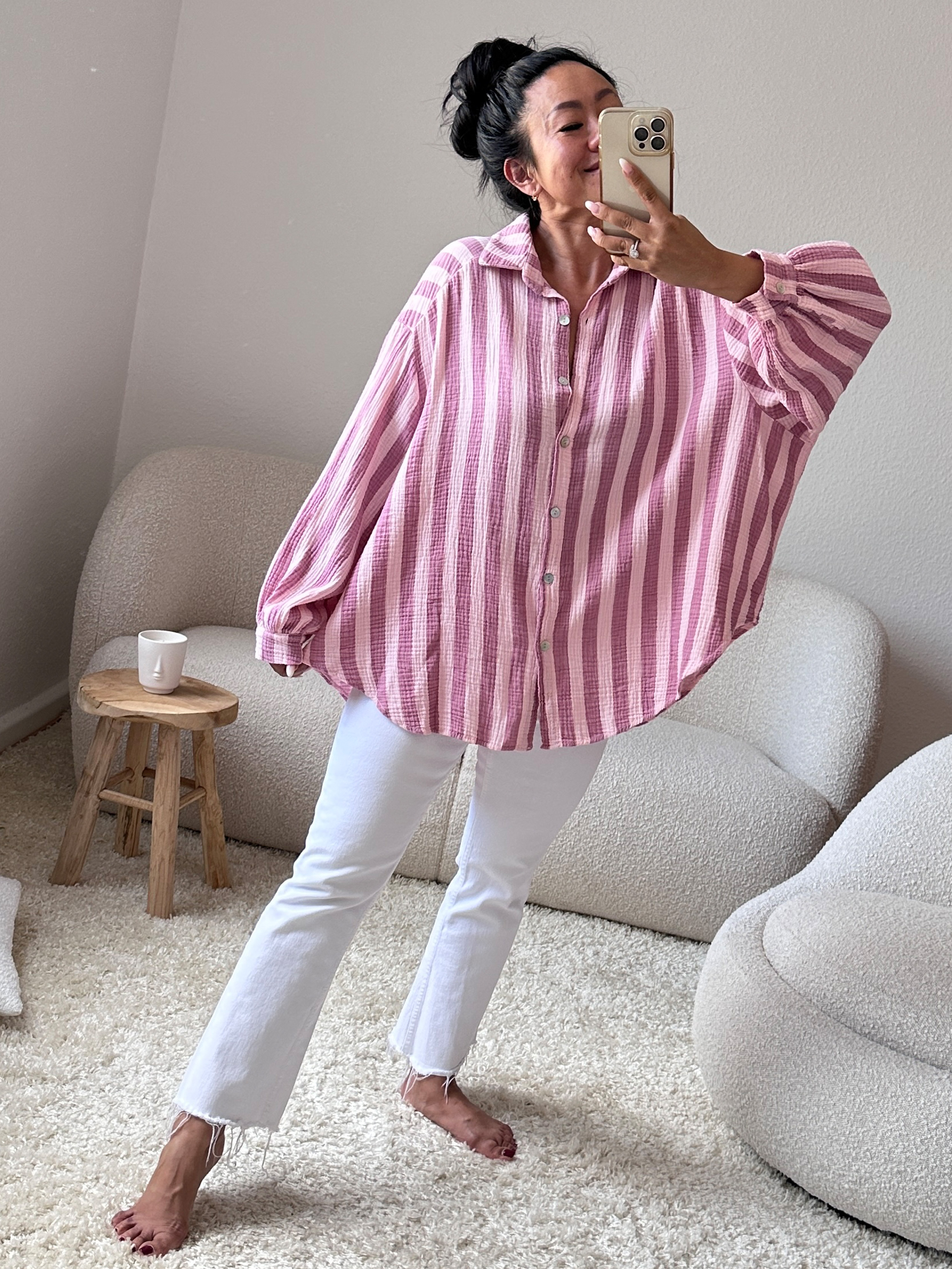 Musselin Midi Oversize Bluse - BIG STRIPES - Berry/Rosa