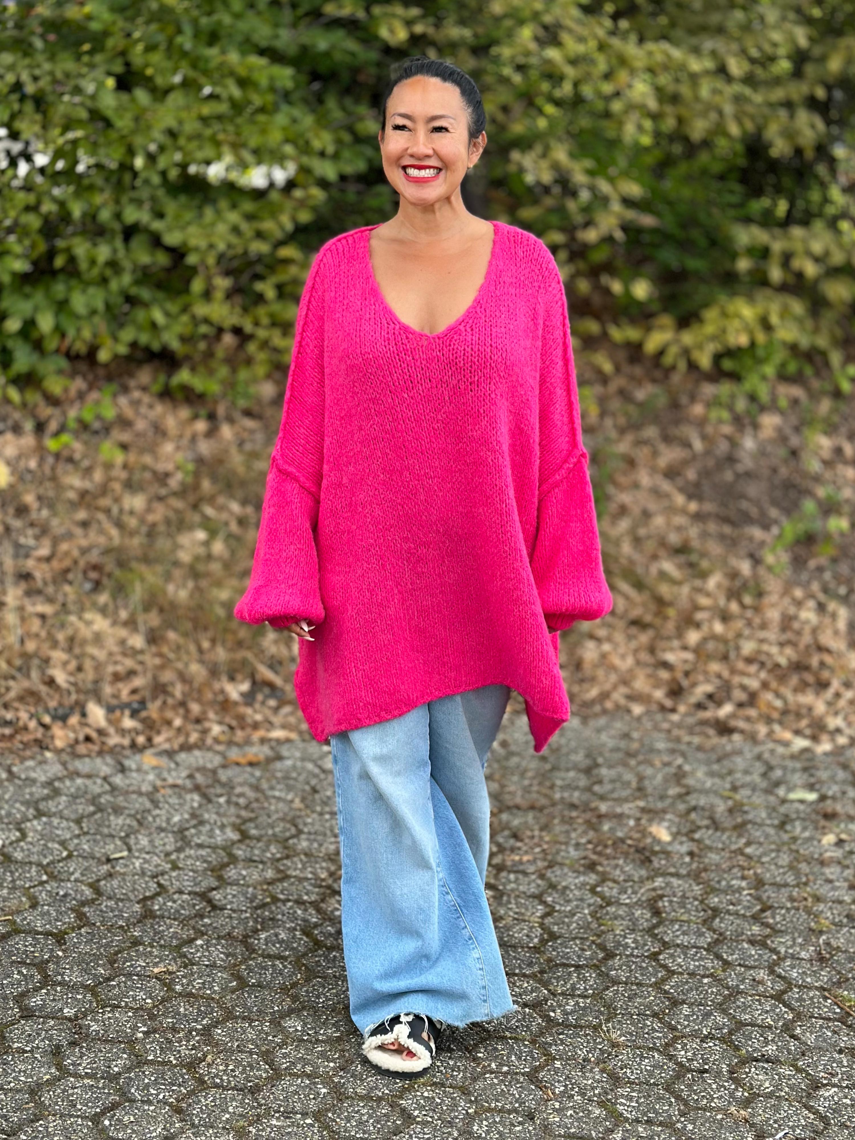 Oversize Strickpullover mit V-Ausschnitt FLAUSCHI TALL - Pink Pop