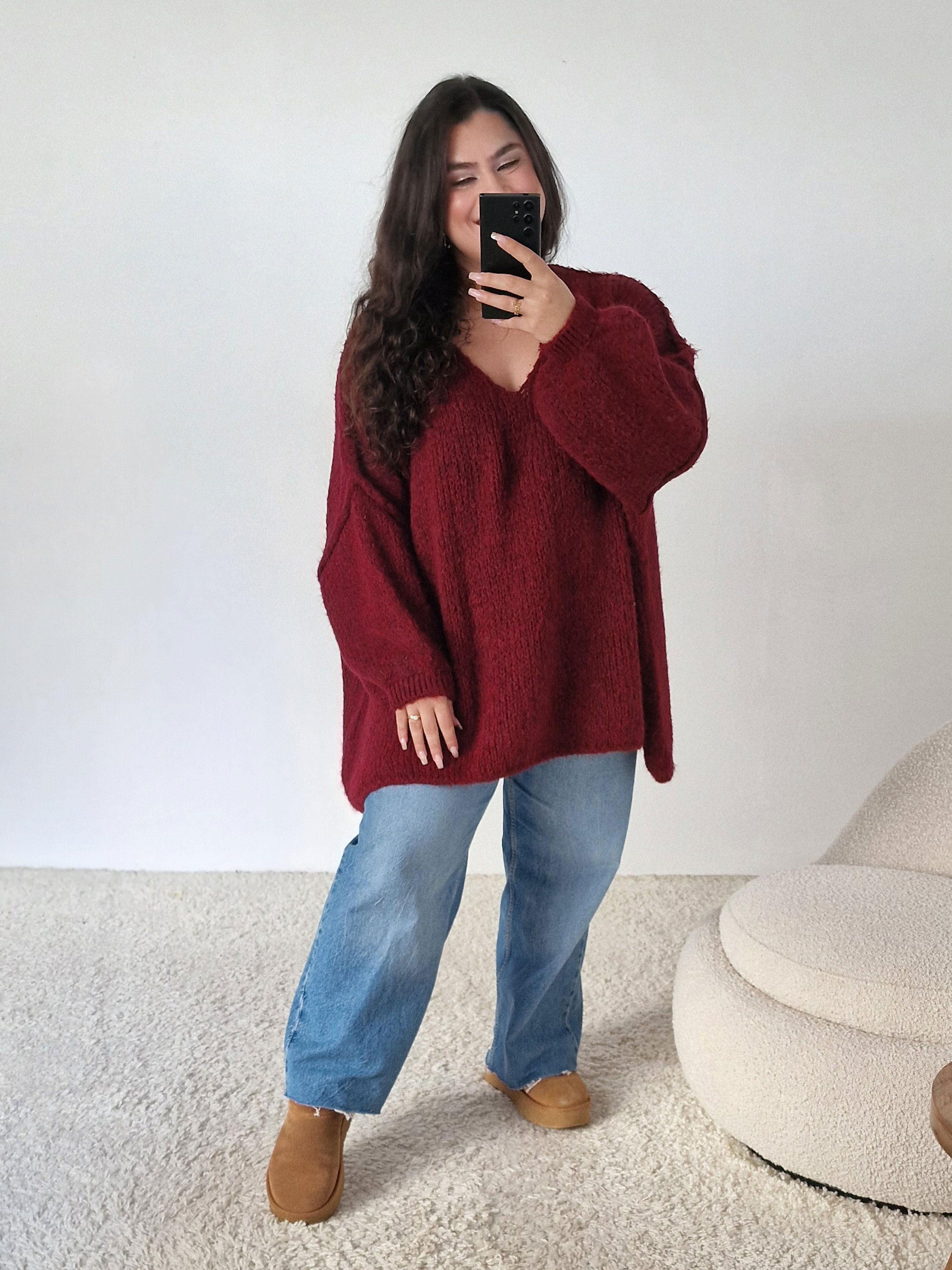 Oversize Strickpullover mit V-Ausschnitt FLAUSCHI TALL - Burgunder