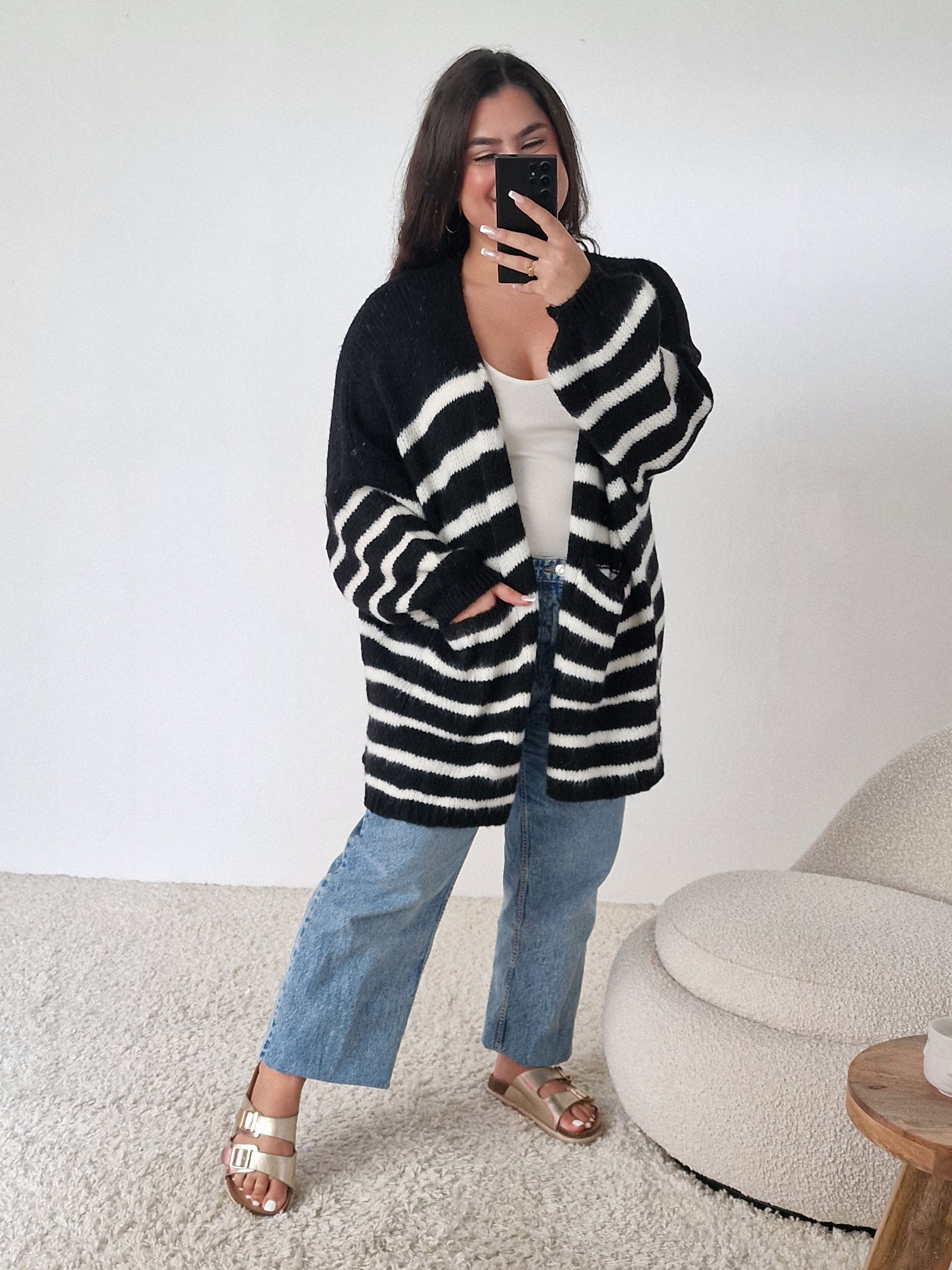 Oversize Cardigen mit Taschen FLAUSCHI - STRIPES - Schwarz