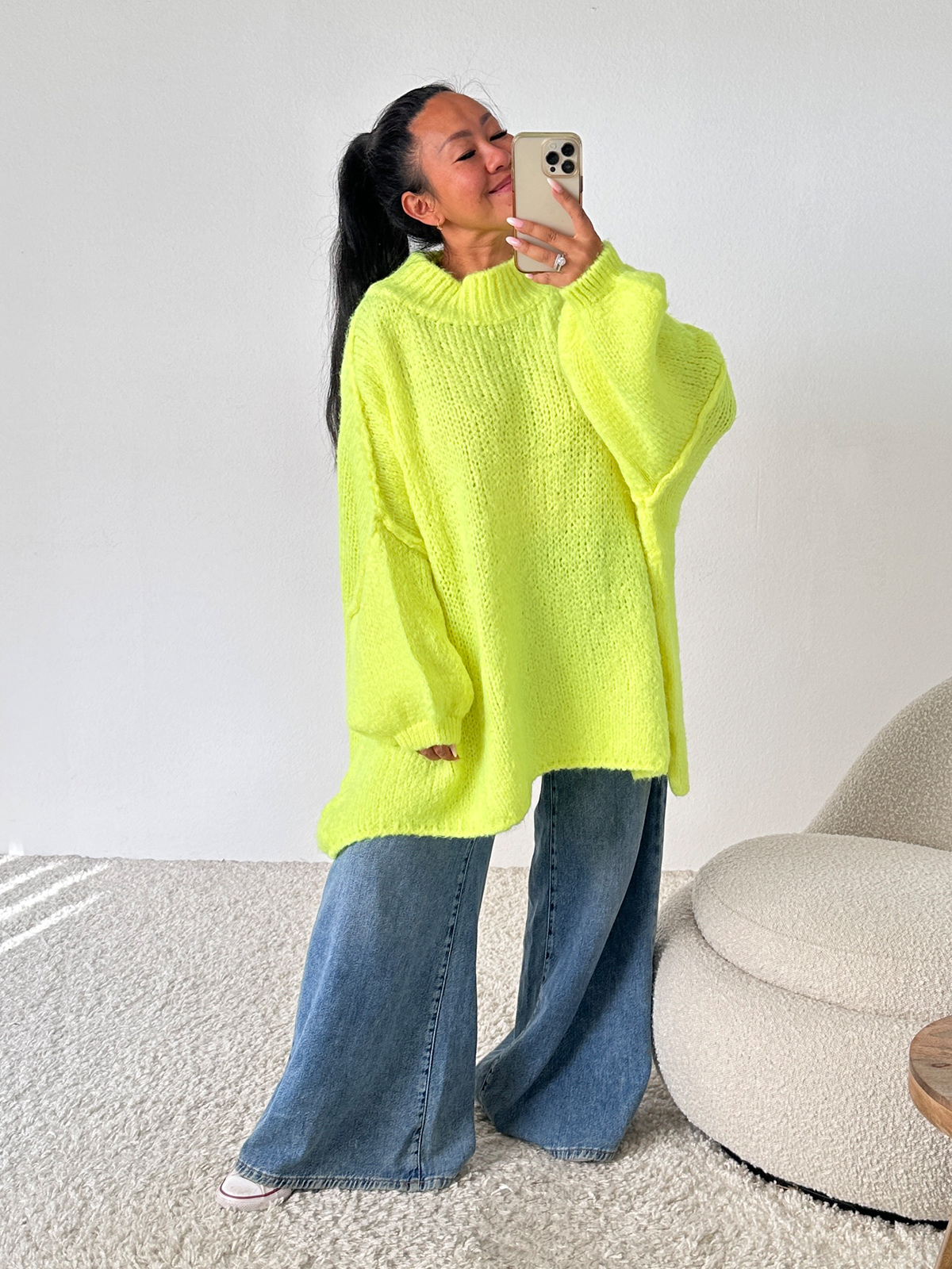 Oversize Strickpullover mit Stehkragen FLAUSCHI - TALL - Neon Gelb