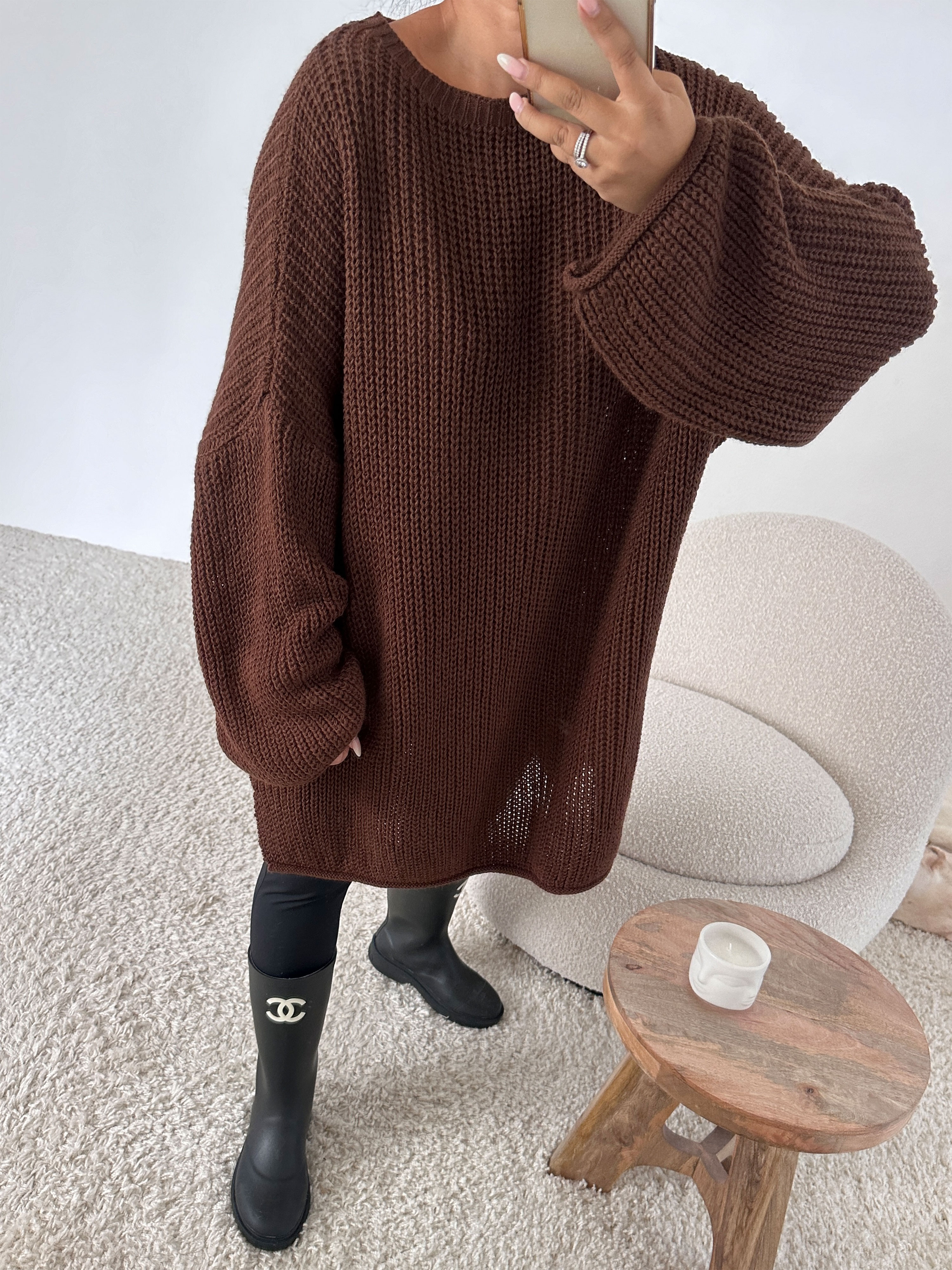 Schwerstrickpullover mit Seitenschlitz - Coffee