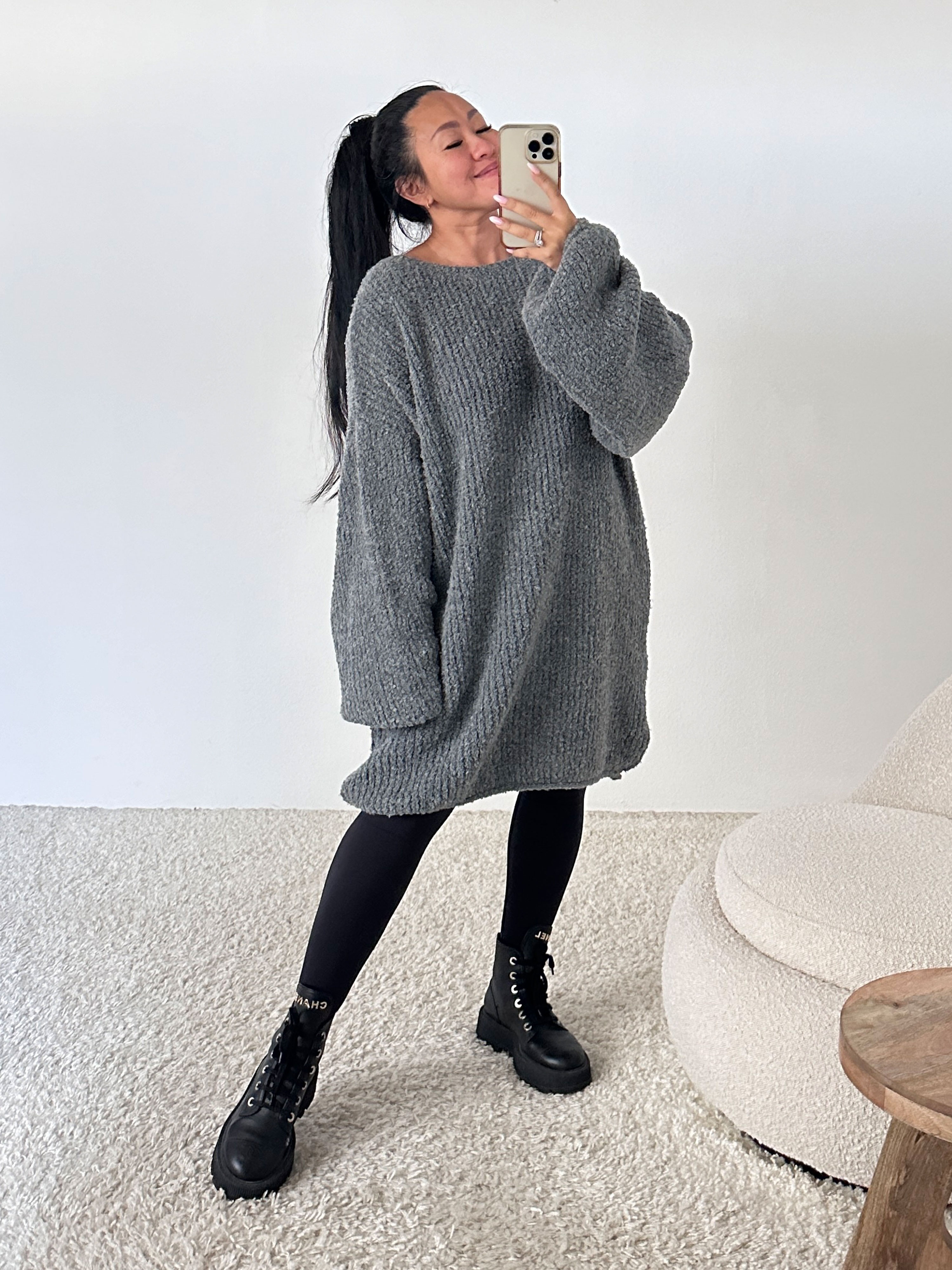 PREMIUM Oversize Bouclé Long Pullover - Anthrazit