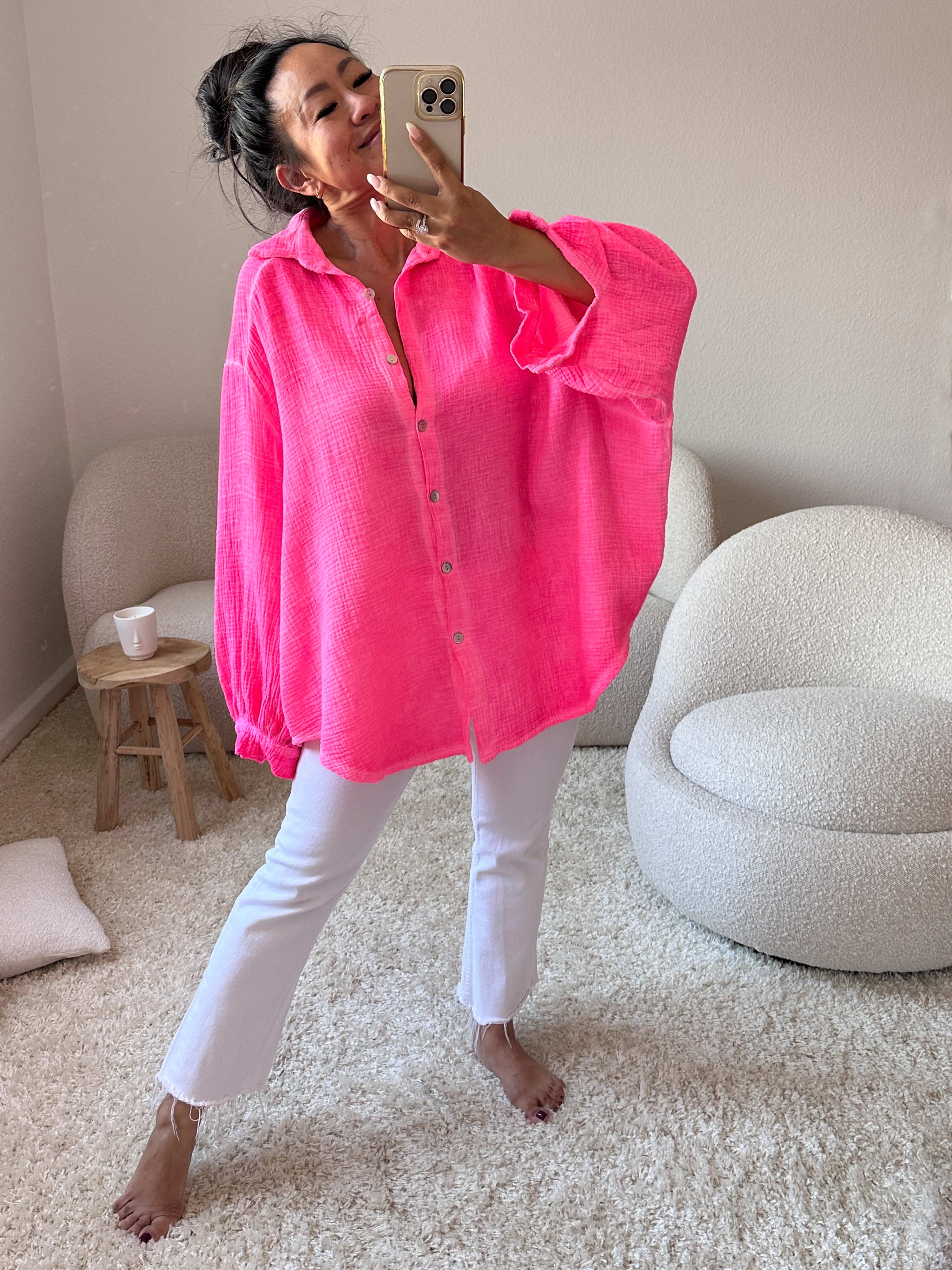 Musselin Midi Oversize Bluse - Neon Pink