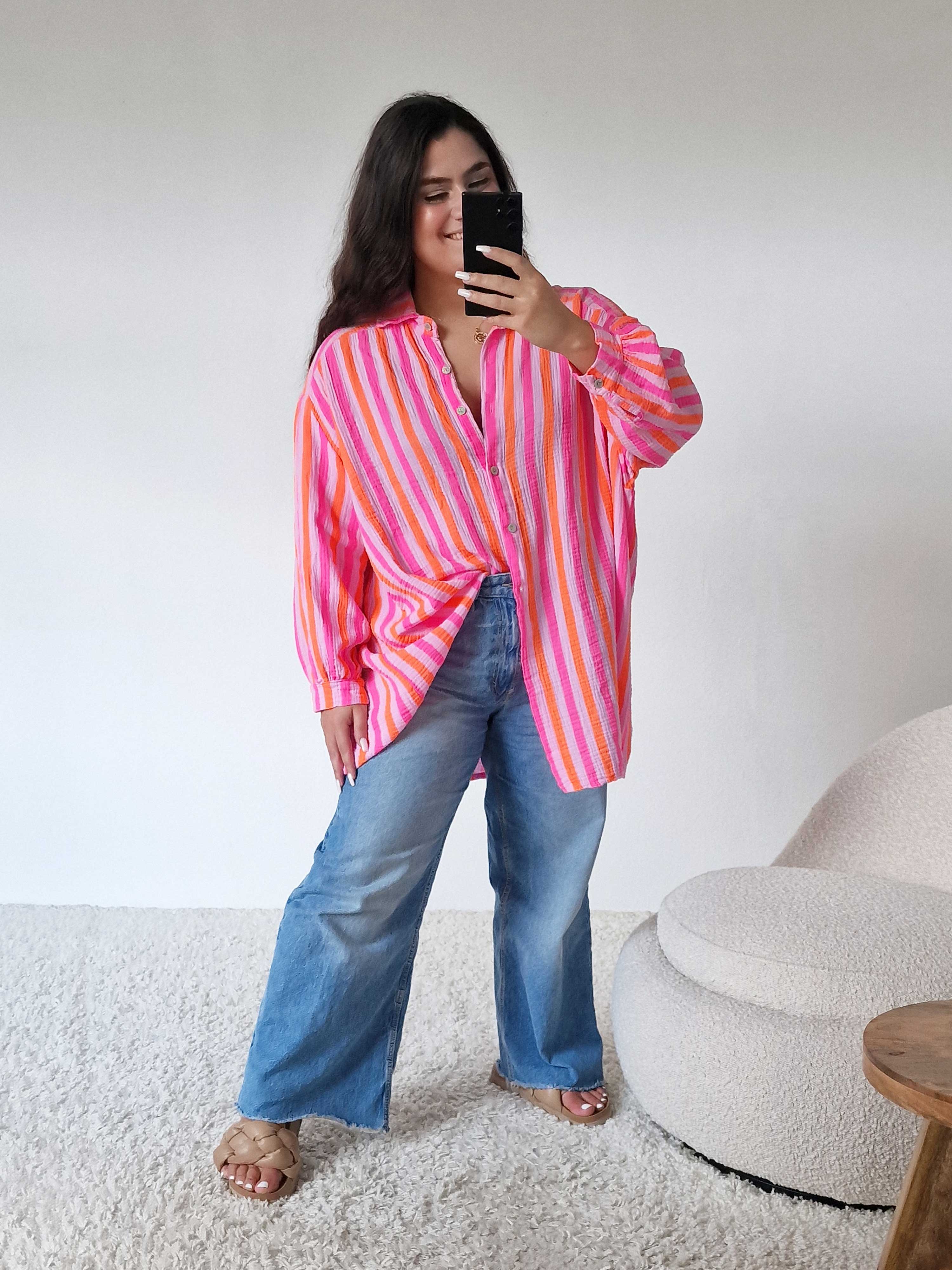 Musselin Long Oversize Bluse - Must Have - STRIPES - Sugar