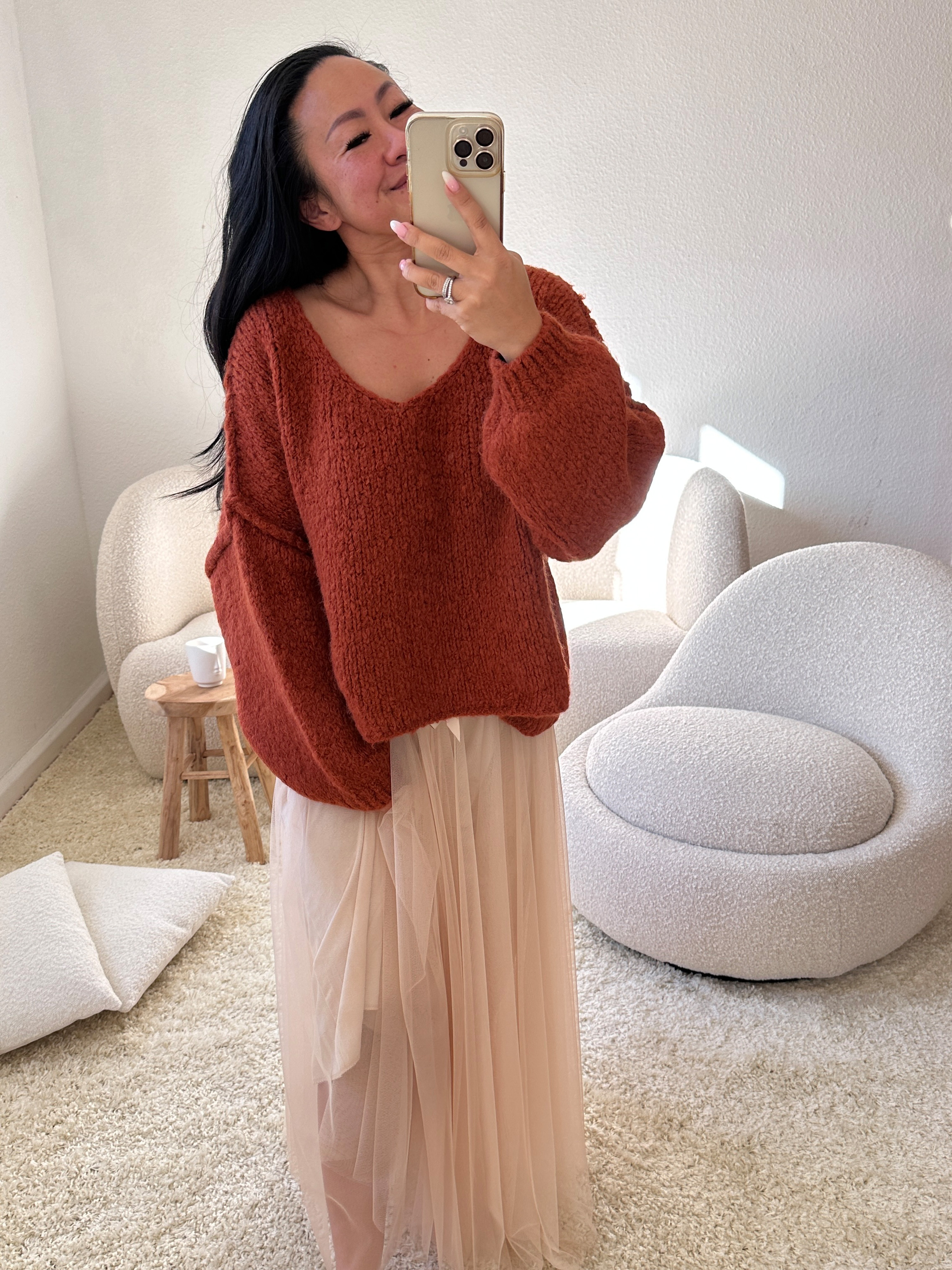 Oversize CROPPED Strickpullover mit V-Ausschnitt - FLAUSCHI - Rost