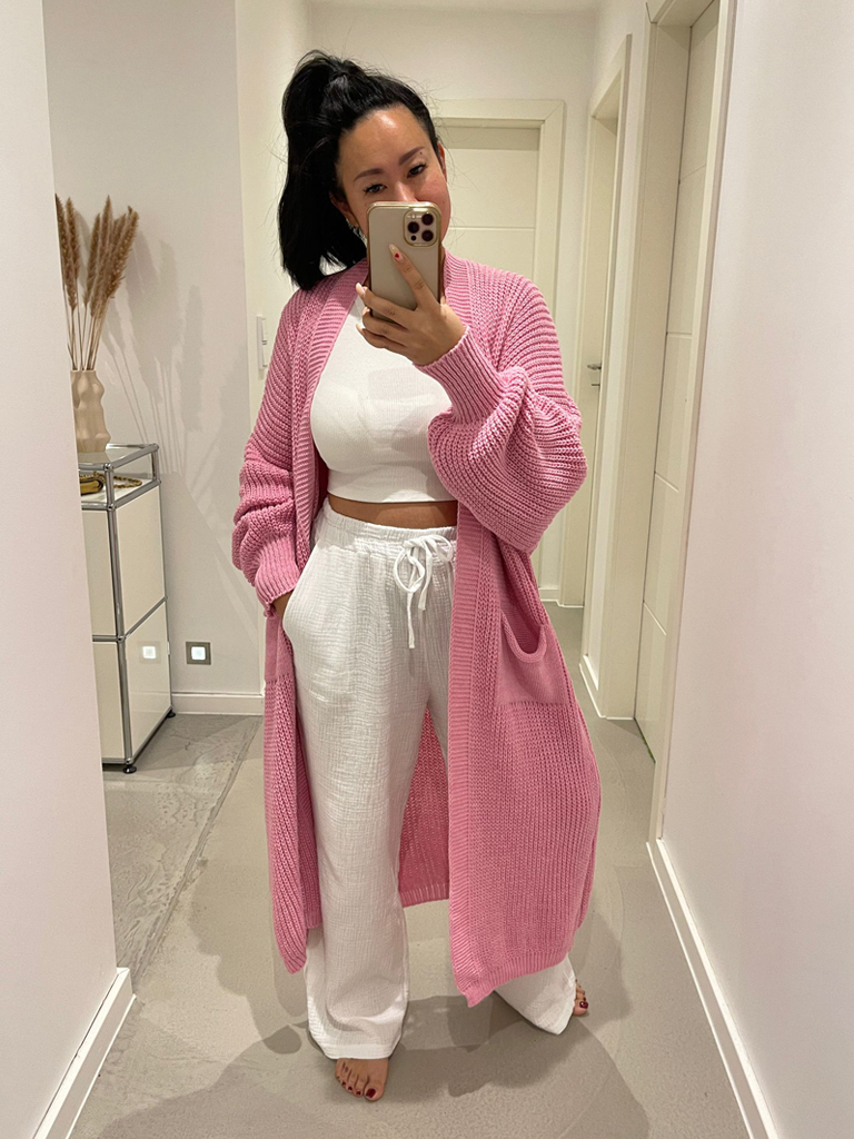 Cozy Long Cardigan mit Taschen - Rosa