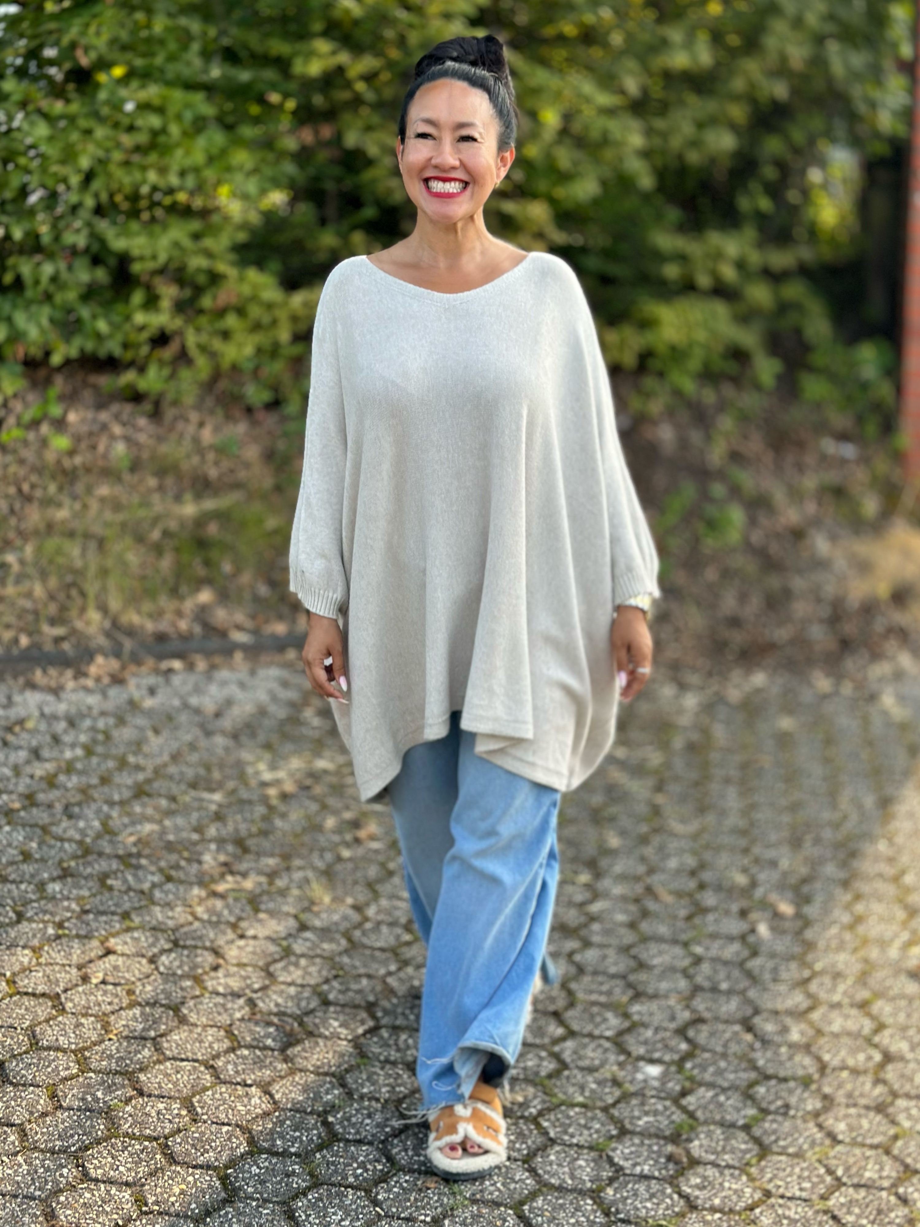 Oversize Viskose Kurzarm Poncho - Oatmeal