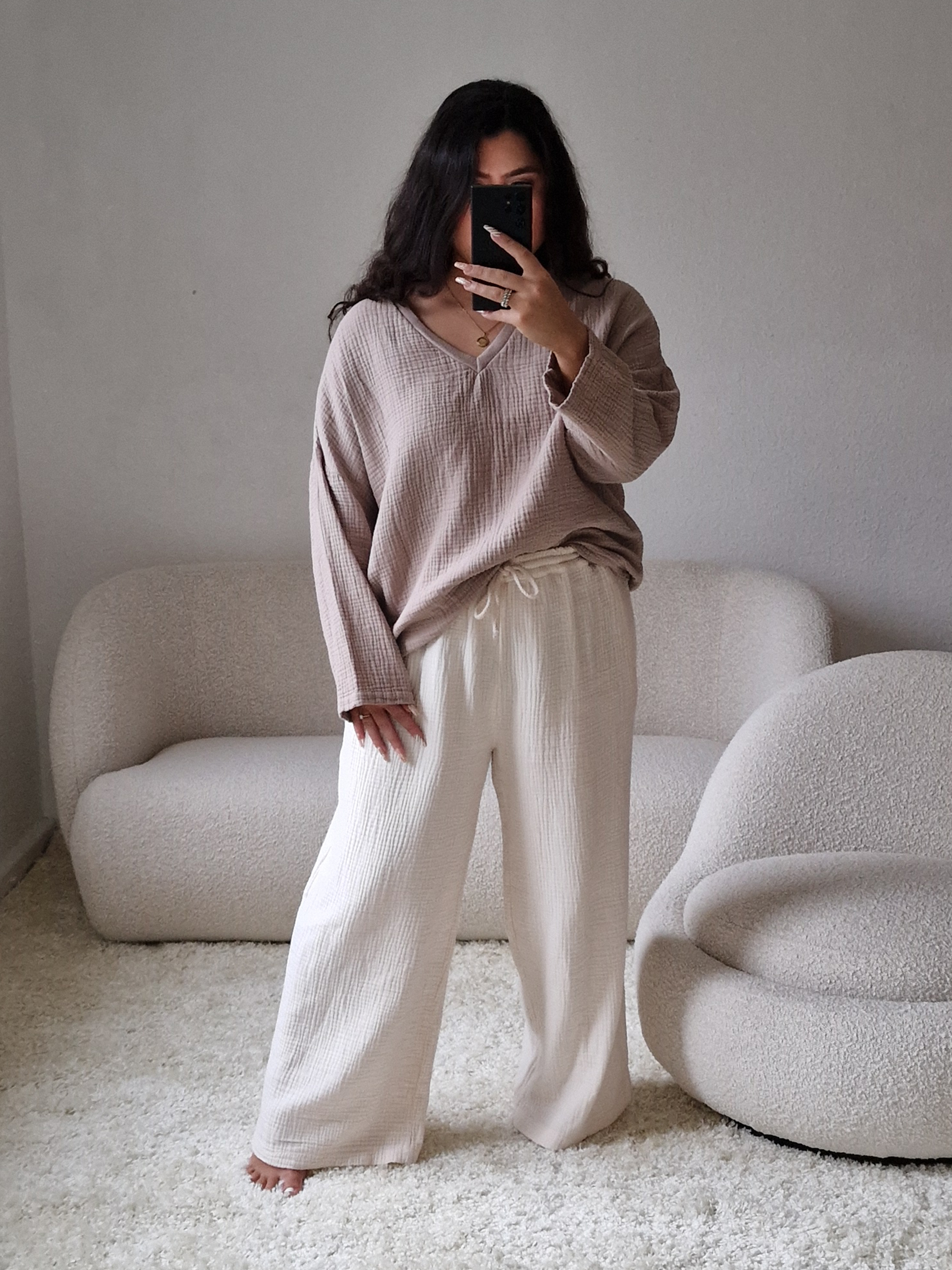 Musselin Oversize Langarmshirt mit Rundhalsausschnitt - Taupe