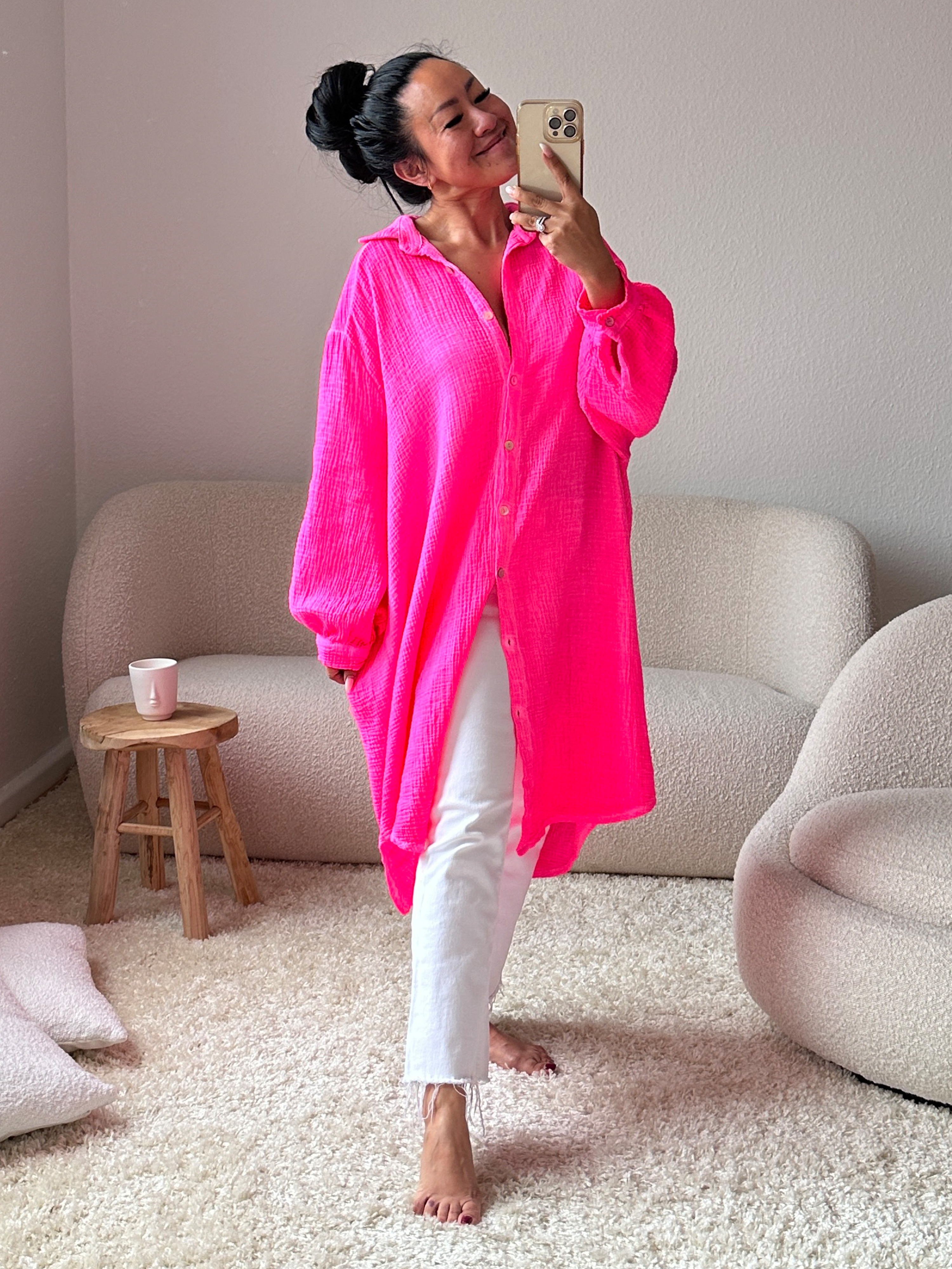 Musselin Oversize Bluse - TALL - Neon Pink