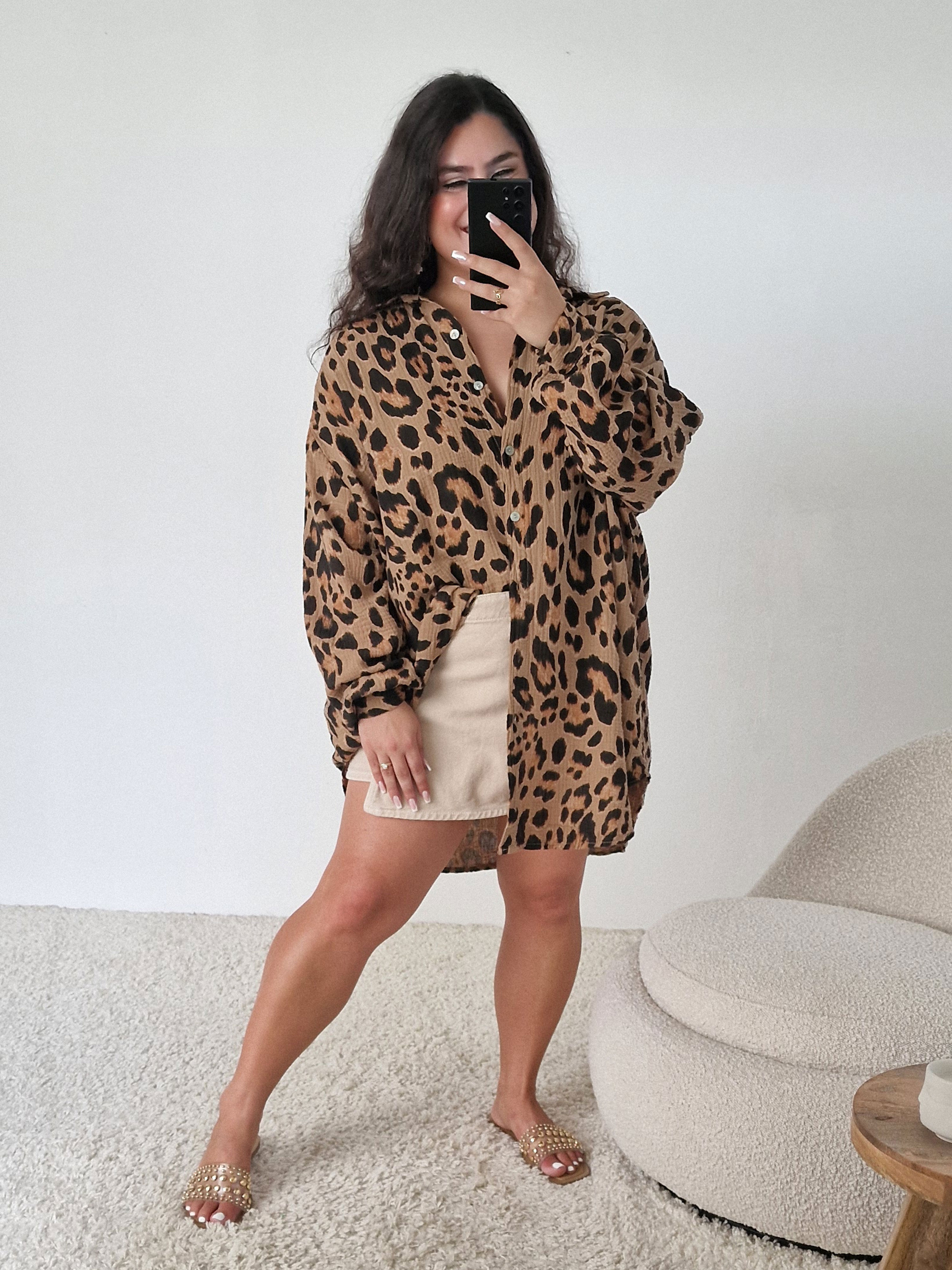 Musselin Long Oversize Bluse - NALA - LEOPARD Camel