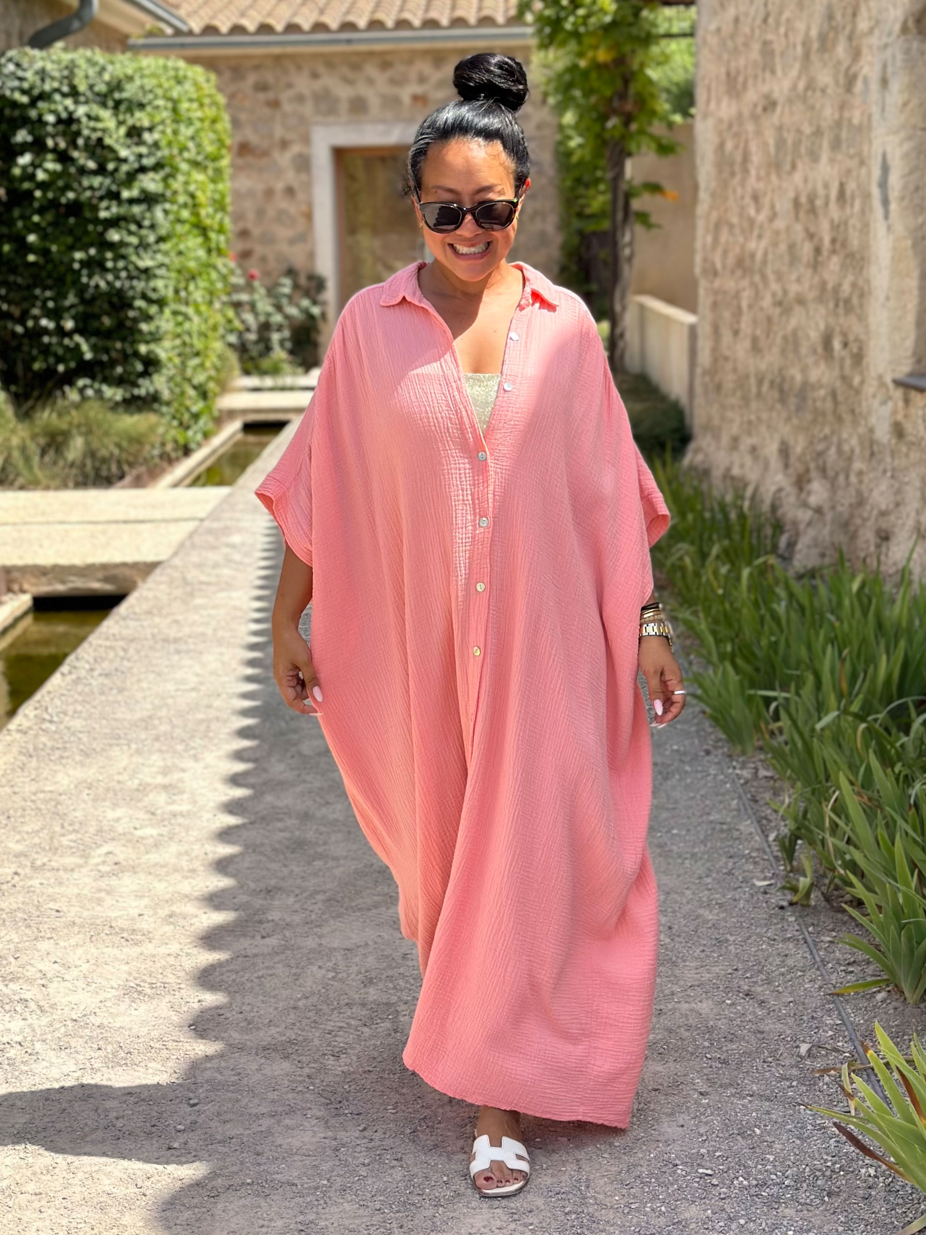 Musselin Oversize Kurzarm Blusenkleid - Milano - Flamingo