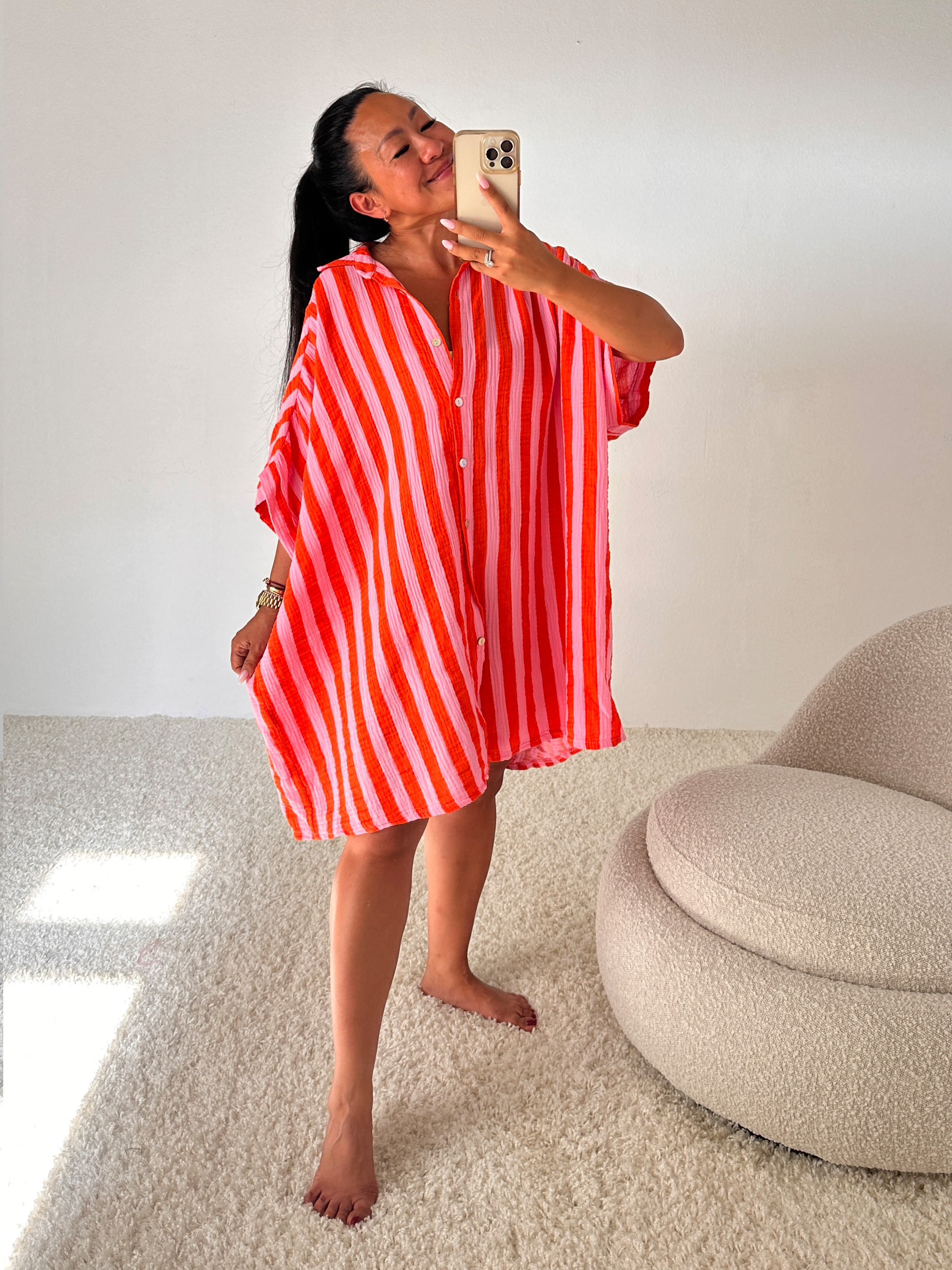 Musselin Oversize Kurzarm Bluse Long - BIG STRIPES - Lollipop