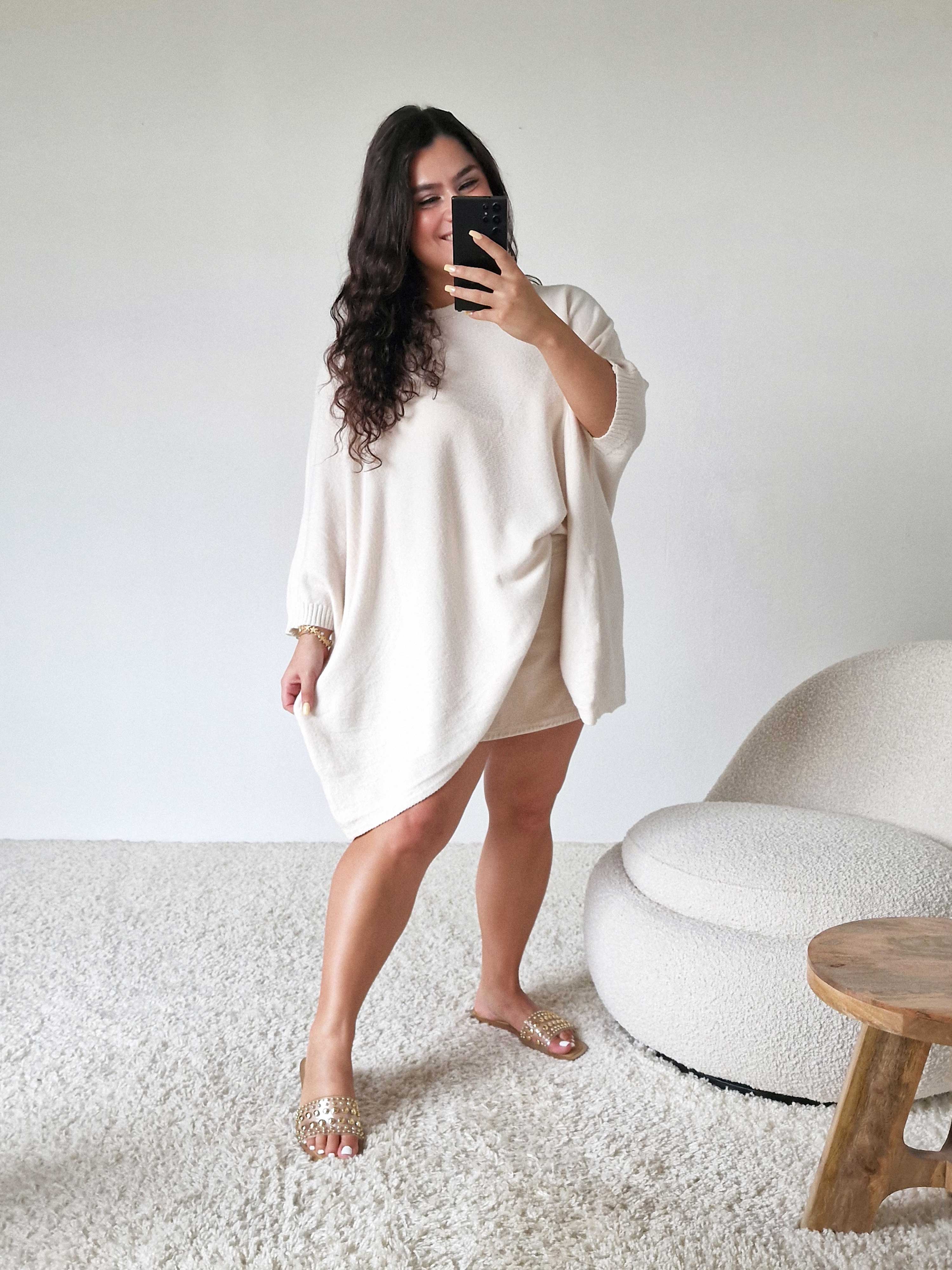 Oversize Viskose Kurzarm Poncho - Creme