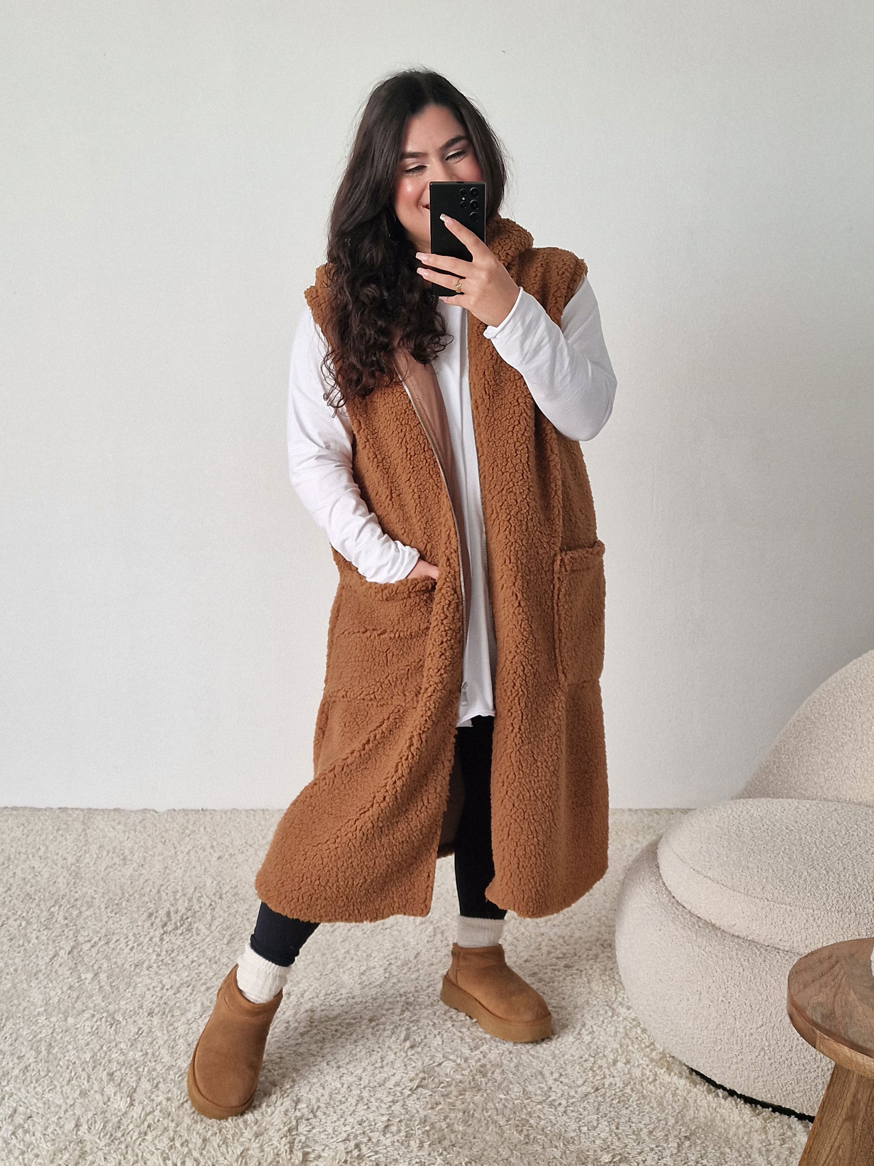 Teddylook Long Weste mit Kapuze - Cinnamon