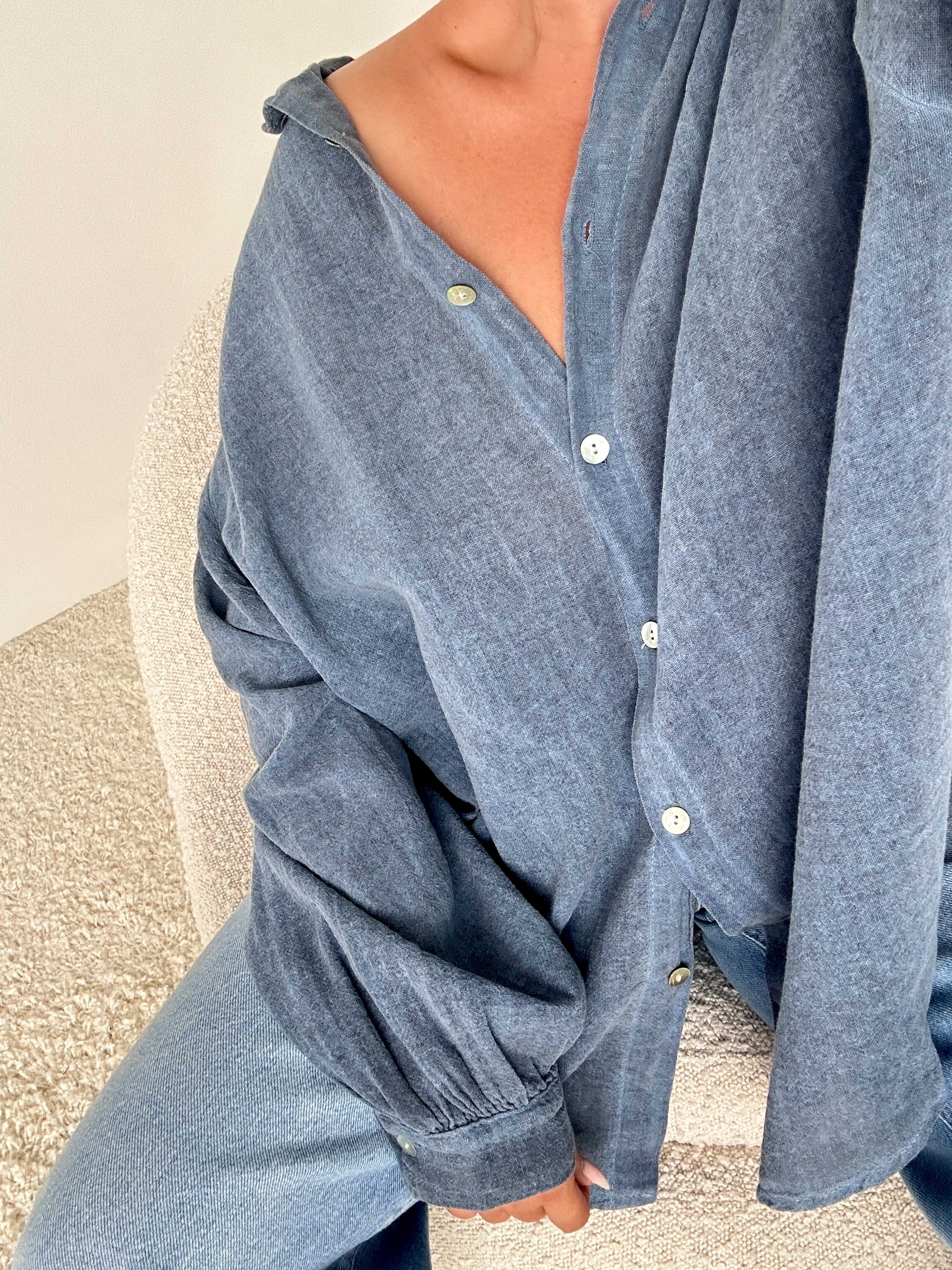 Cotton Long Oversize Bluse - Must Have - Jeansblau