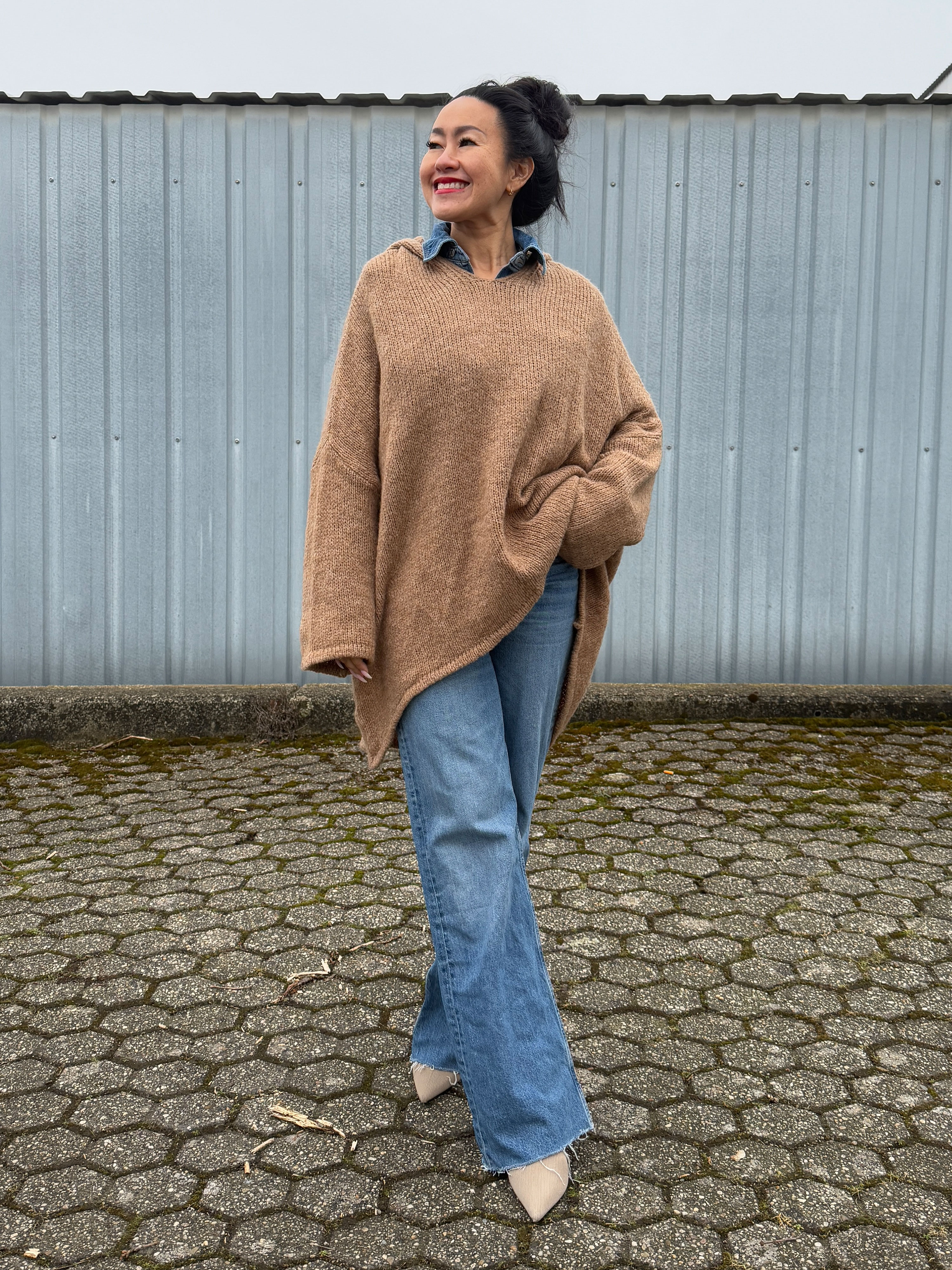 Oversize Vokuhila Hoodie Strickpullover - Camel