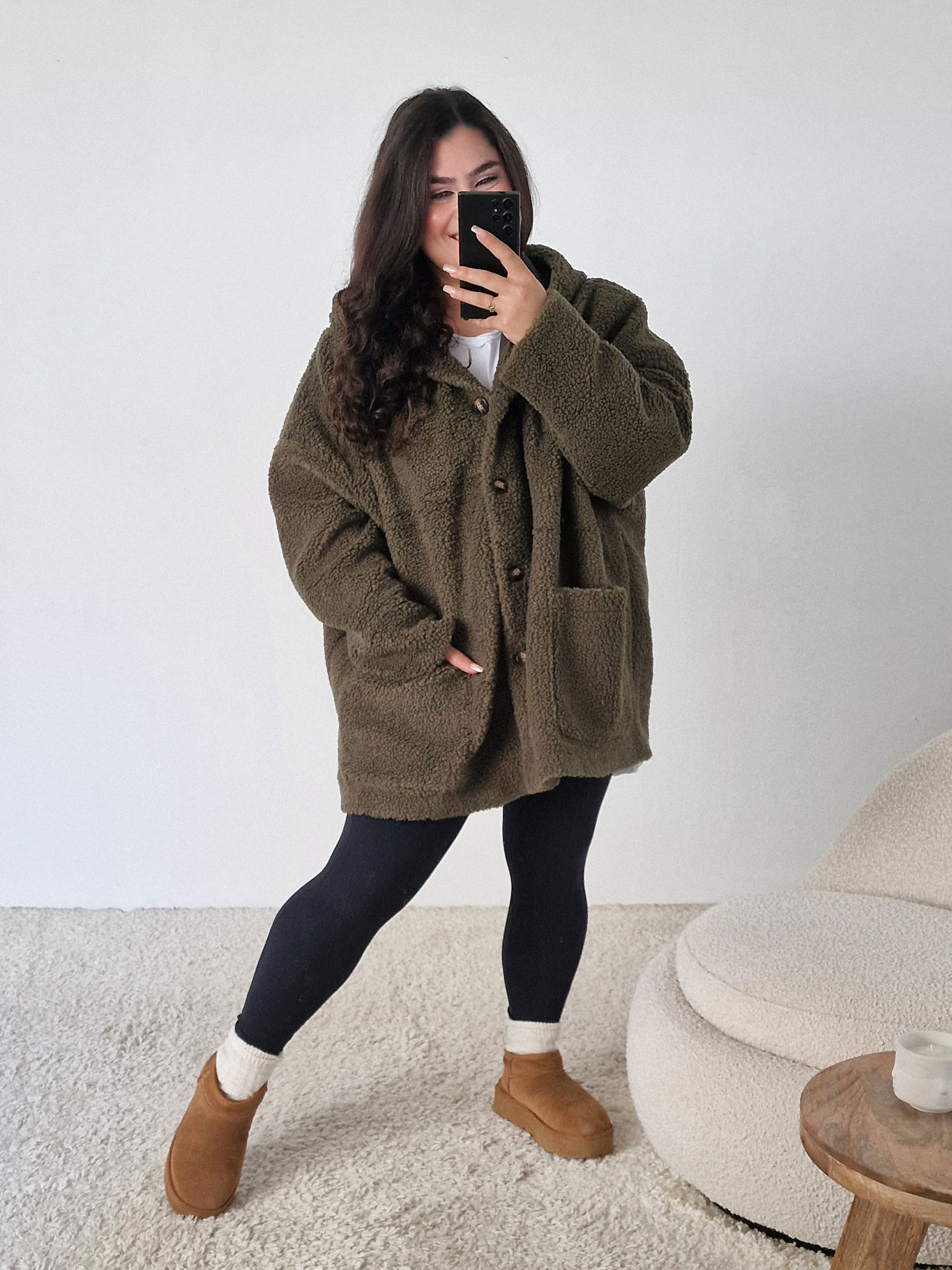 Teddylook Oversize Jacke mit Kapuze - Olive