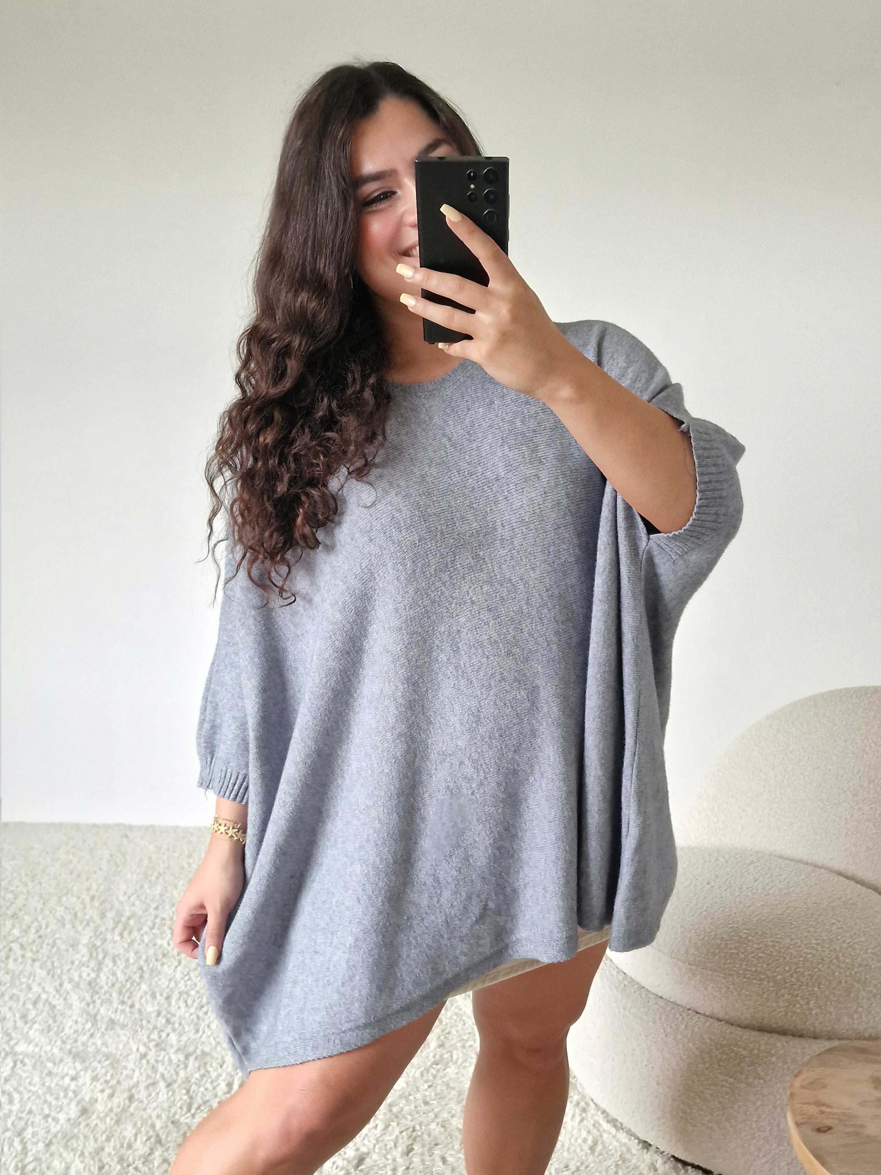 Oversize Viskose Kurzarm Poncho - Grau