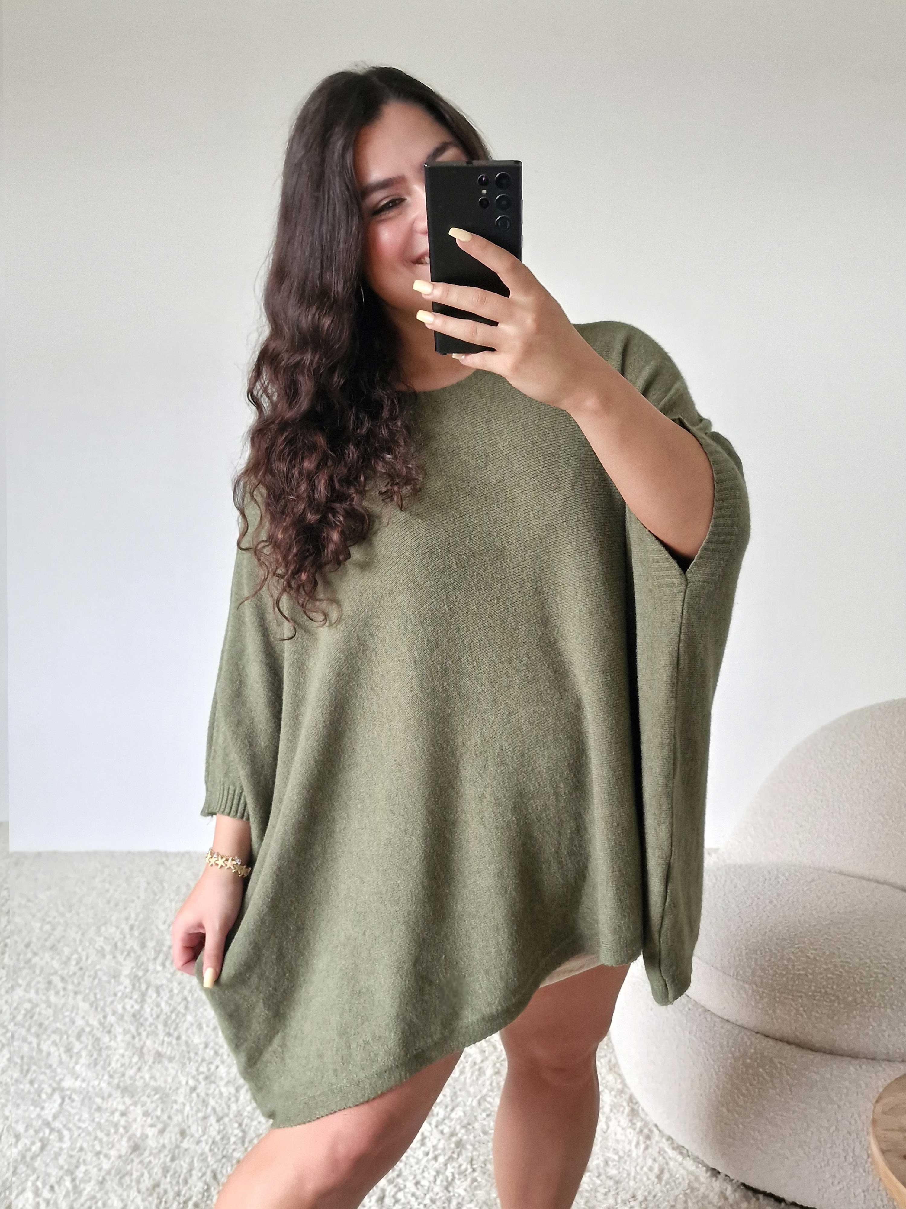 Oversize Viskose Kurzarm Poncho - Salbei