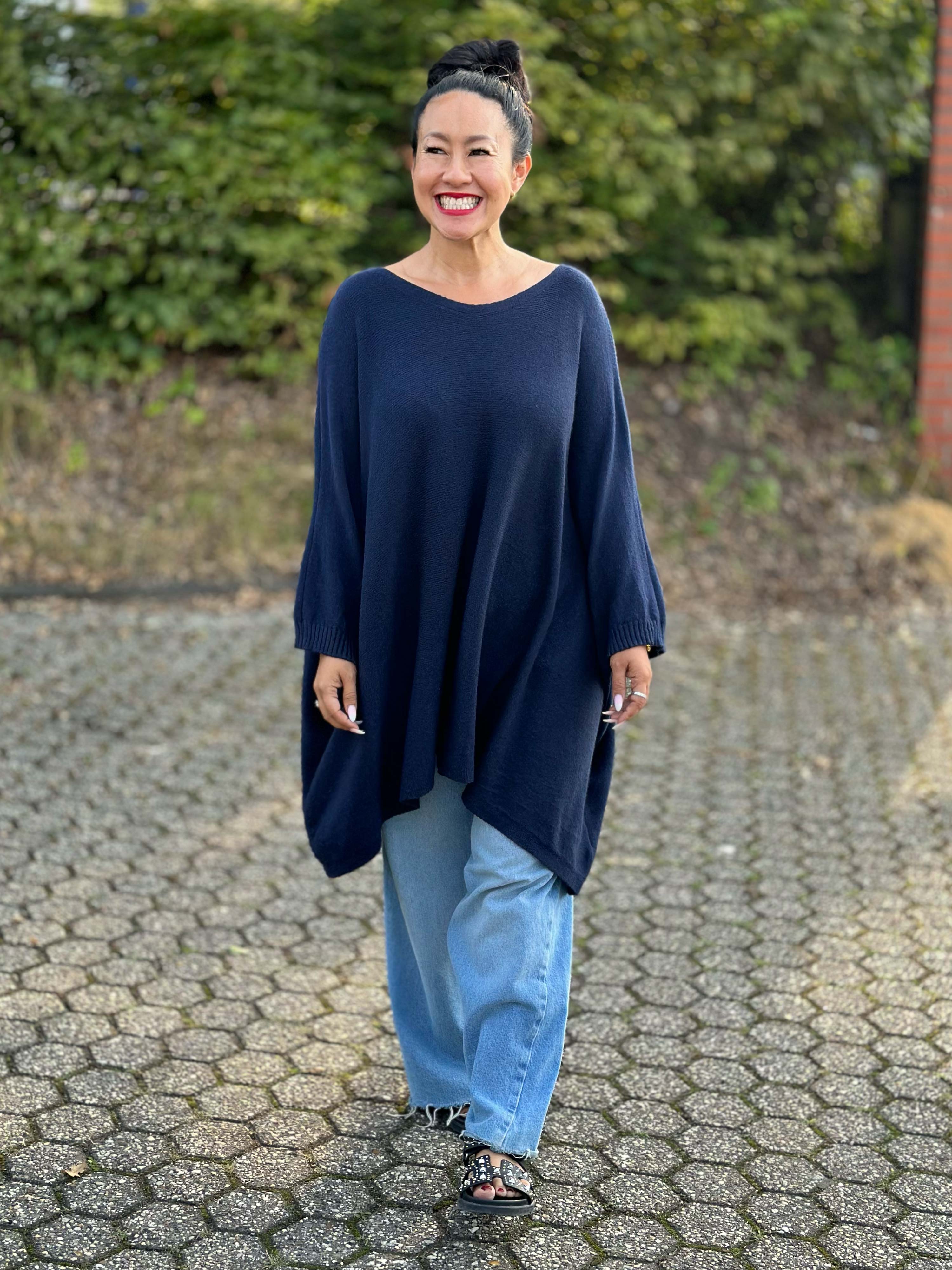 Oversize Viskose Kurzarm Poncho - Navy